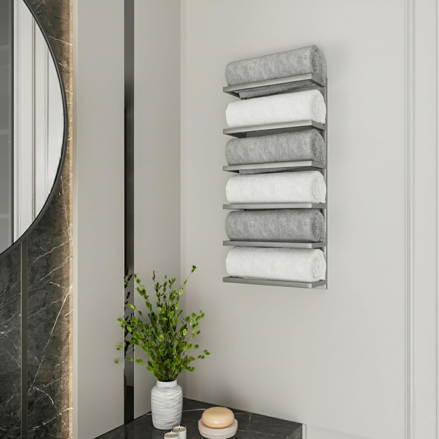 Modern Tiered Towel Rack - Wall-Mounted Metal Towel Shelf for Bathroom, Space-Saving Storage for Towels, Organizers, and Home Decor (Satin Nickel, 6-Tier)