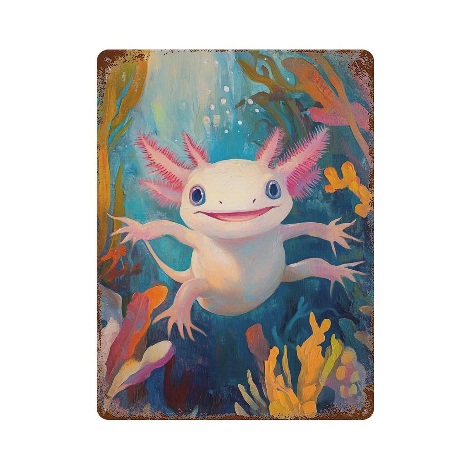 Smiling Axolotl Aged Metal Wall Plaque 15.7"x11.8", Industrial Home Decor for Pub, Kitchen And Man Cave Decor