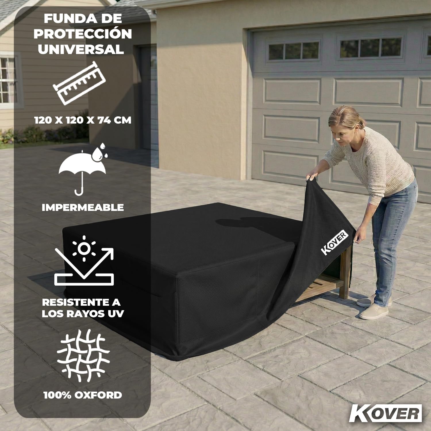 KOVER® | Funda Mesa Jardín Negra 120x120x74 cm | Funda Impermeable Oxford para Muebles de Jardín y Exterior | Protección UV Resistente al Viento | OriginalCorner