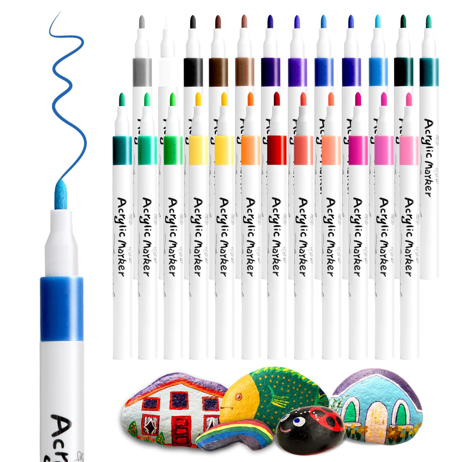 newatty Rotuladores Acrilicos, 24 Colores Rotuladores de Pintura Acrílica Rotulador Acrilico Resistentes al Agua 2mm Permanente Marcadores para Piedras Cerámica Madera Cristal Metal Plastico