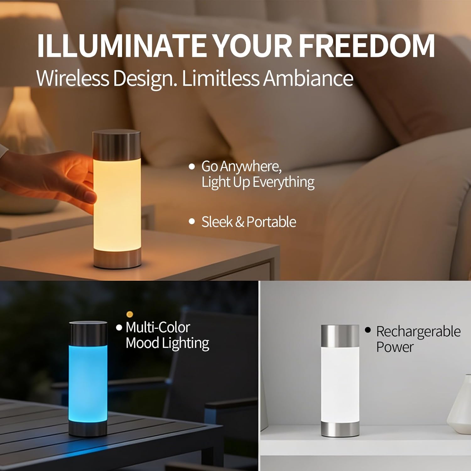 Rechargeable LED Table Lamp, Wireless Desk Lamp, Color-Changing Ambient Light, Multicolor Outdoor Lamp, Suitable for Monitors, Gaming, Bars, Cafes, Restaurants, Gardens/Camping, Home