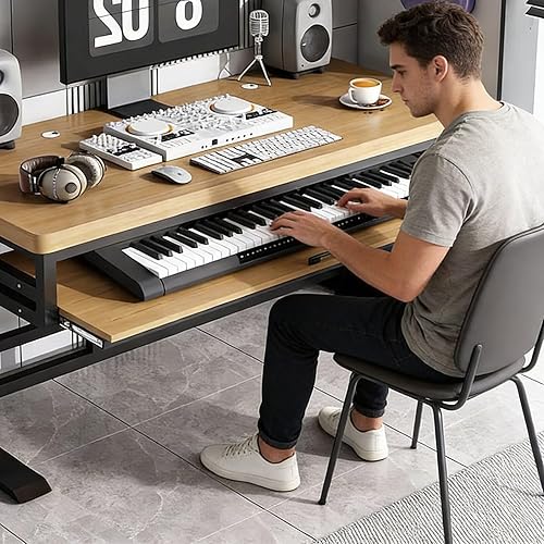 Miniatura 4 de Escritorio moderno para estudio de música con bandeja para teclado, mesa de escritorio de pie ajustable en altura, escritorio de estudio de Mesa de
