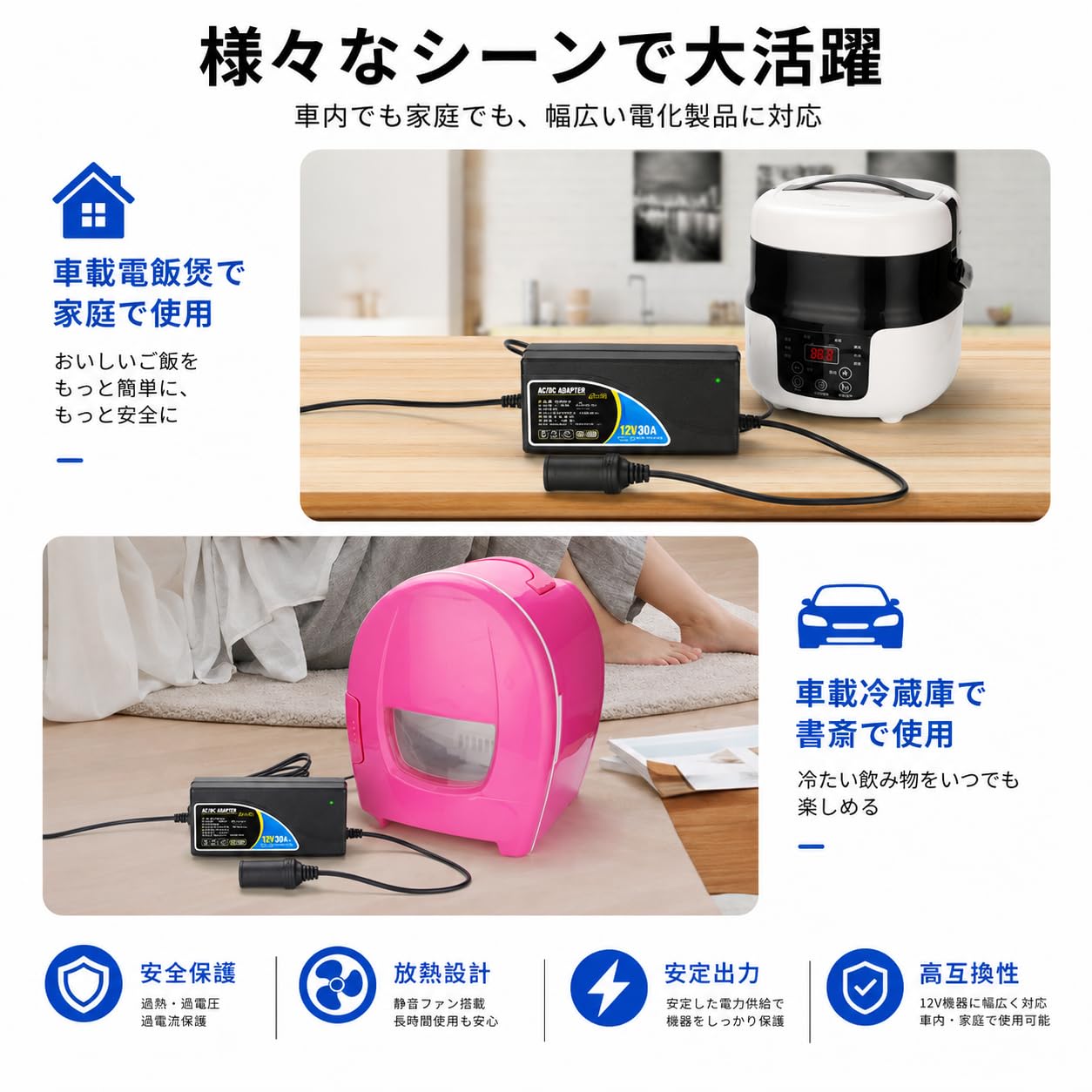 Yutasa AC/DC変換アダプター 12V 30A 360W シガーソケット対応 AC100V-140V対応 家庭用コンセント変換 車載機器対応 電源コンバーター 空気入れ 車載炊飯器 カー冷蔵庫対応 冷却ファン搭載