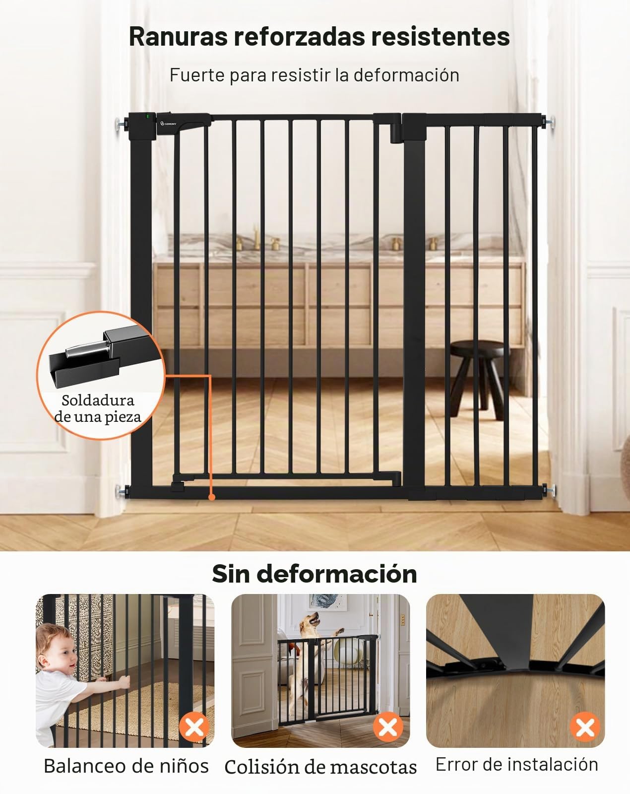 COMOMY Puerta de Perros 91,5cm Extra Alto, 75-110cm Ancho Grande Puerta Seguridad Bebe de Cierre Automático, Duradera Barrera Seguridad Niños para Escalera, Montadas a Presión, Negro