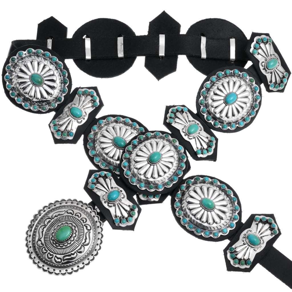 Alltribes Navajo Nevada Turquoise Cluster Sterling Concho Belt Traditional Hammered Silver Design on Custom Sized Genuine Leather 0792