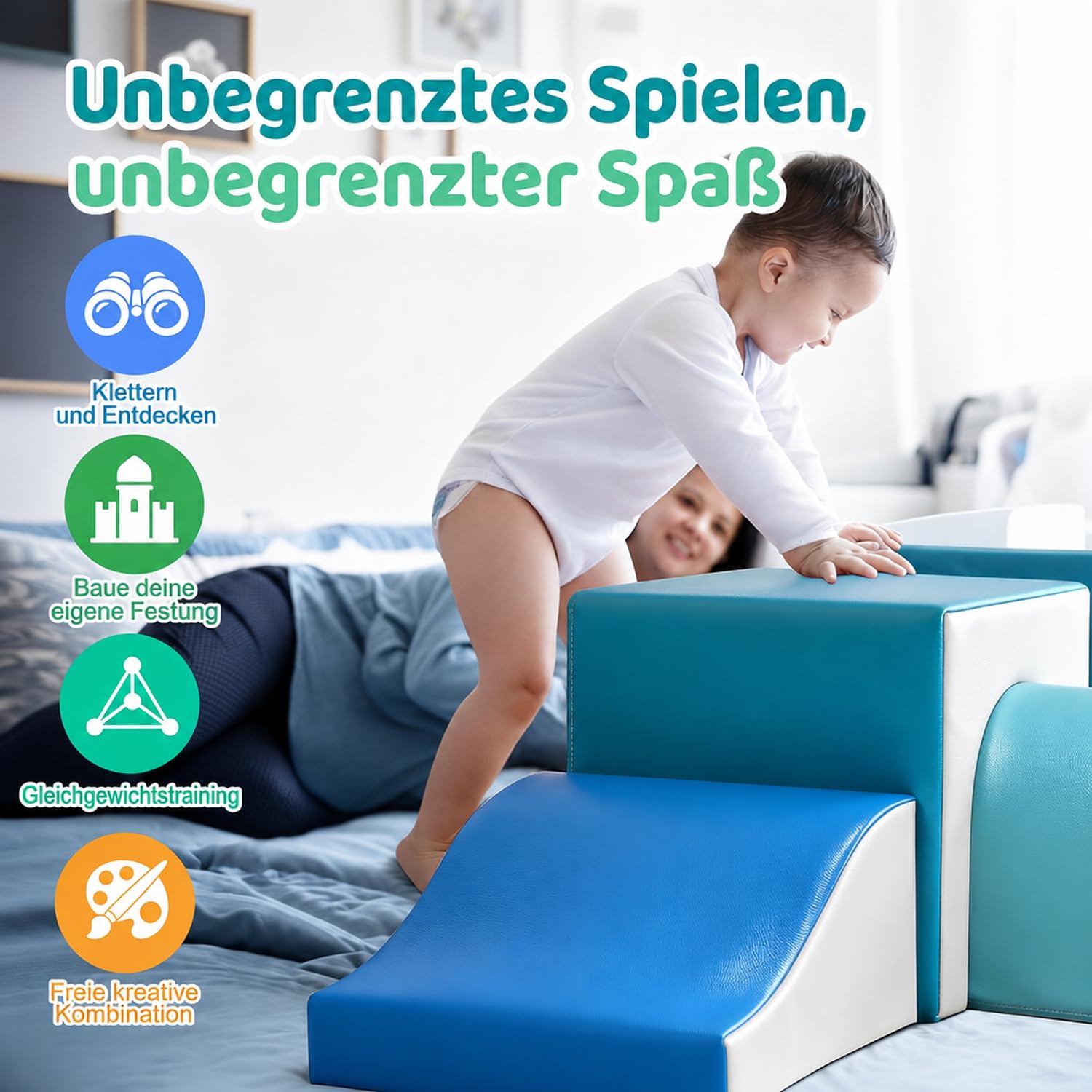 GeerWest Schaumstoff Bausteine Kinder Klettern: 4 PU-Leder Indoor Softbausteine Spielbausteine - Weiche Bausteine Baby Montessori Kletterspielzeug mit Ellipsenbogen