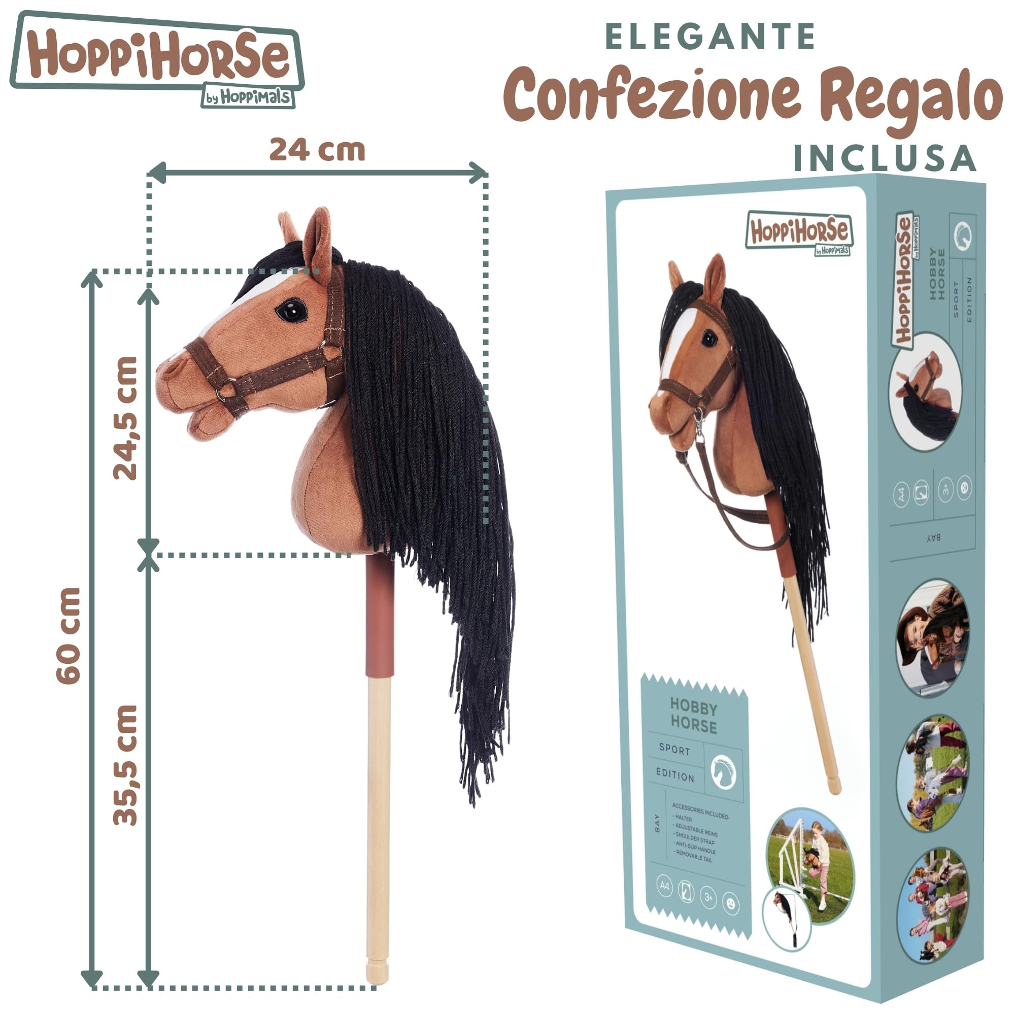 HOPPIHORSE-Edizione Sportiva Hobby Horse A4, Cavallo con bastone con cavezza, redini, tracolla, coda e impugnatura in silicone, Hobby horse cavallo di alta qualità in peluche in una confezione regalo