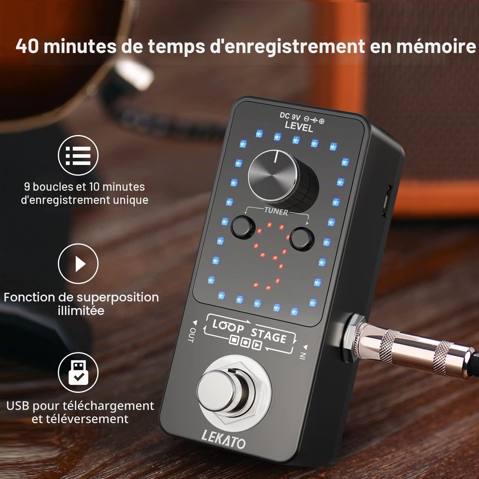 LEKATO Pédale d'effet Looper pour guitare électrique et basse avec câble USB