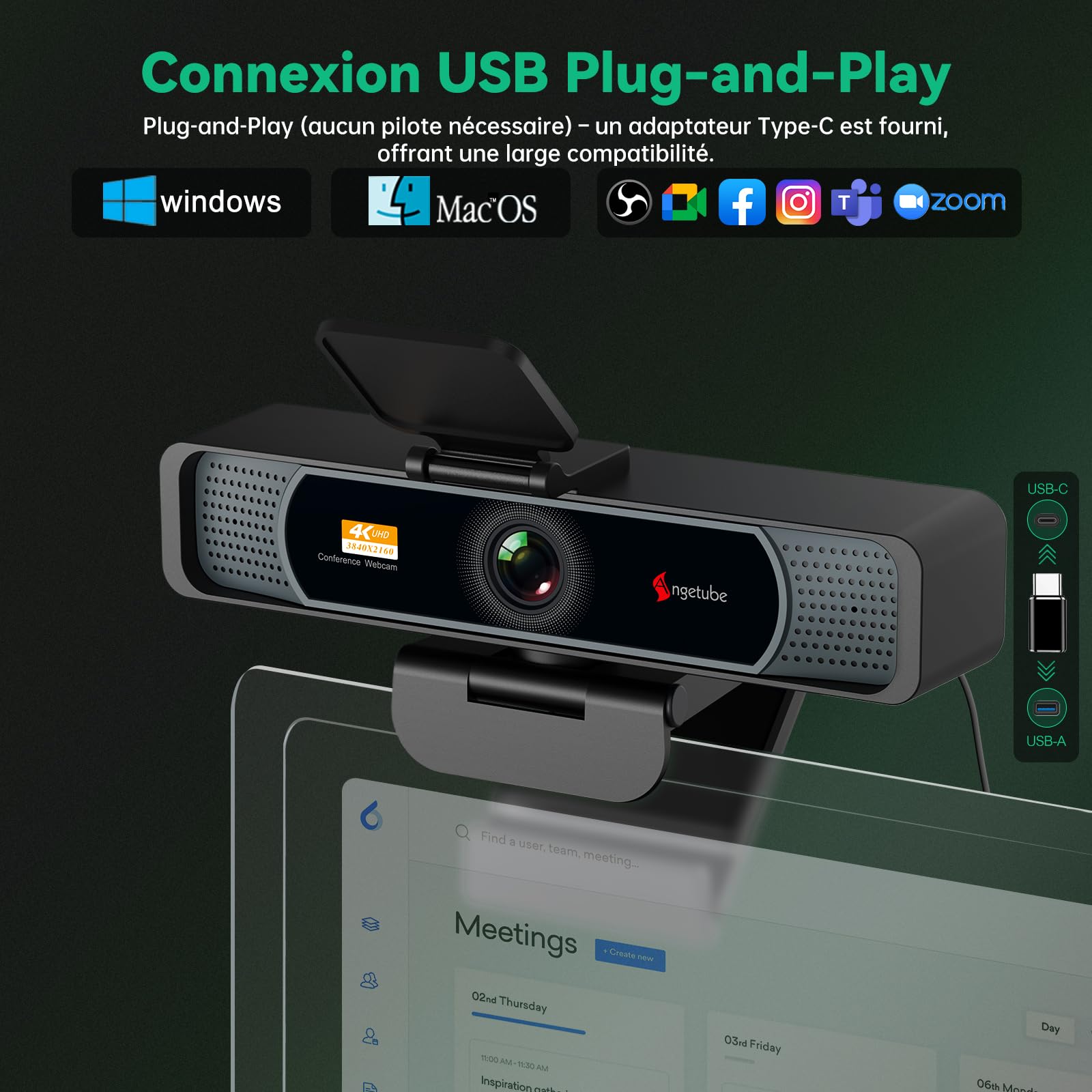Webcam 4K Angetube 914Max - 120° Grand Angle, Autofocus PDAF, Micros Anti-bruit - Pour Streaming, Visio, PC/Mac