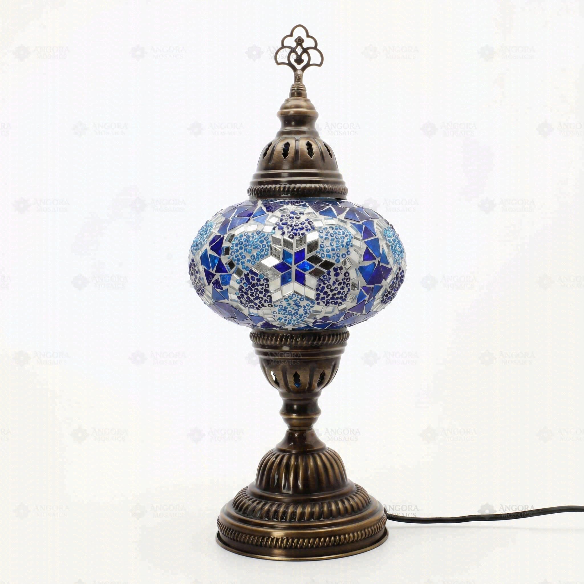 ENVA Lampada da tavolo a mosaico turco blu, lampada da tavolo in vetro mosaico fatto a mano, motivo geometrico a stelle, lampada da comodino stile bohémien marocchino