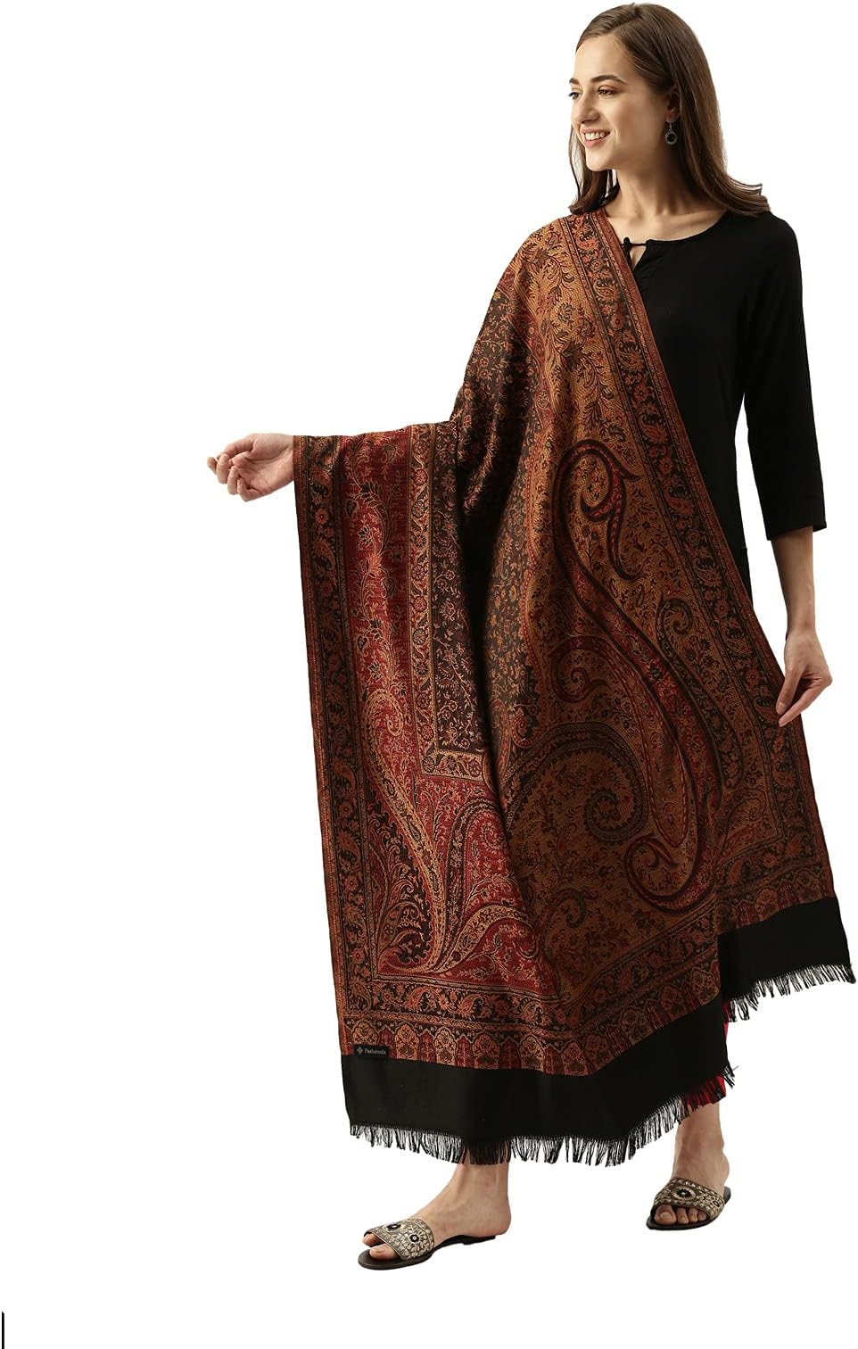 Women Polyester Kashmiri Jamawar Antique Mughal Shawl, Jacquard Shawls (Size: 101 X 203 CM)