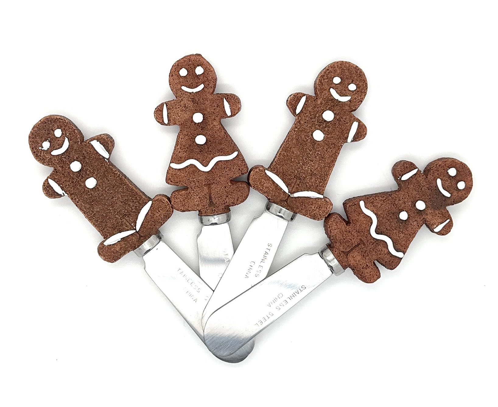 MrNoel's Gingerbread Boy & Girl Spreader Knives 4-Piece Hand Painted Resin Handle with Stainless Steel Blade Multipurpose Cheese Spreader set