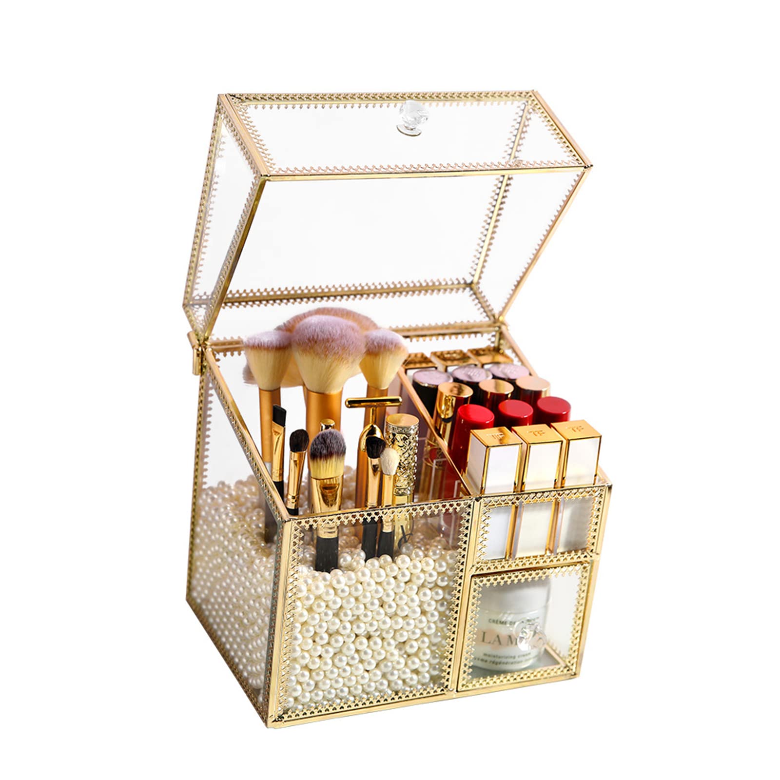 JDSTY Makeup Organiser with 3 Compartments,Cosmetics Organiser,Golden Brass Craft Make Up Stand, Clear Makeup Brush Case