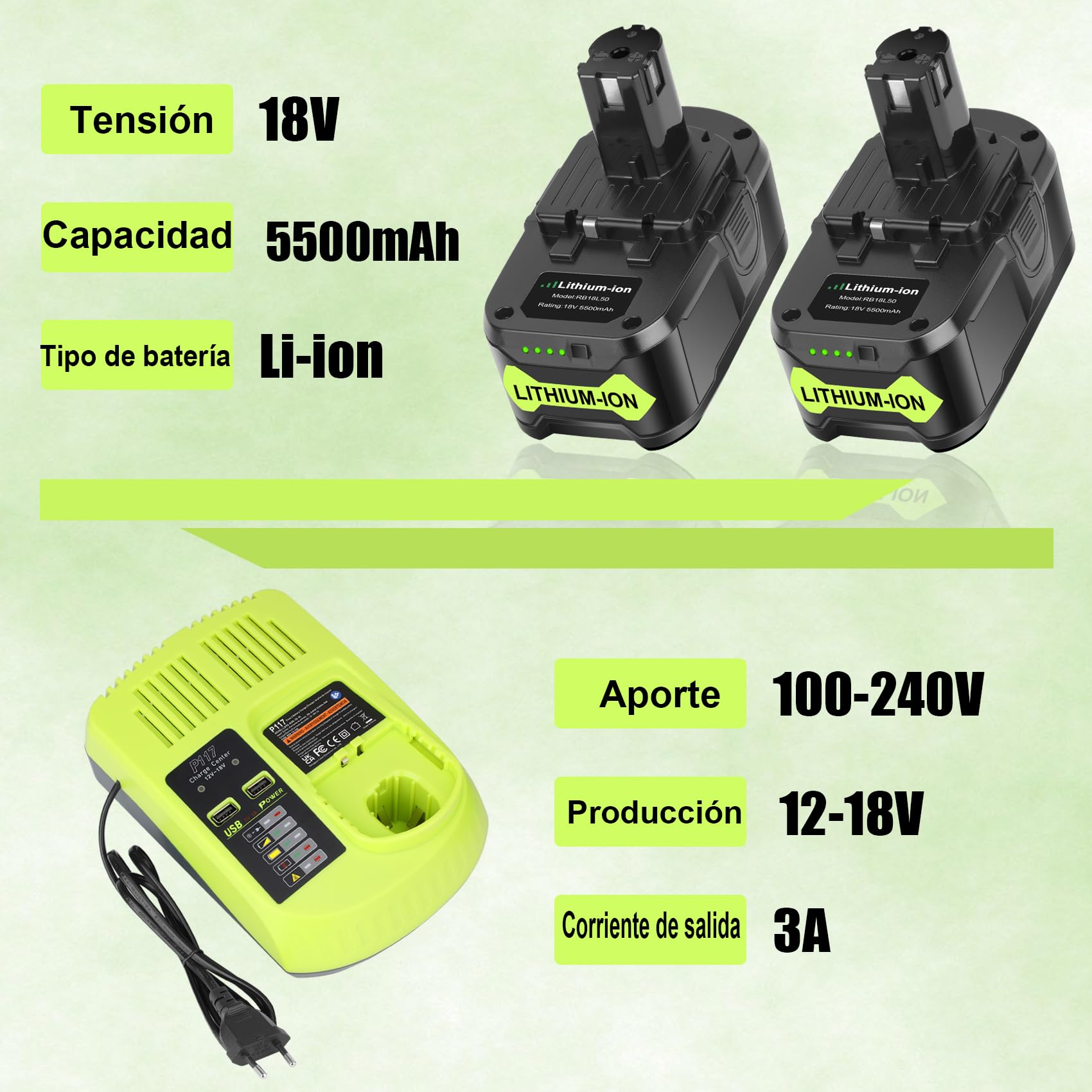 2X 5.5Ah P108 Batería + 3A 12V-18V P117 Cargador para Ryobi 18V | Batería de Repuesto para Ryobi 18V Batería 108 P107 P105 P100 P101 RB18L40 RB18L50 con Indicador LED