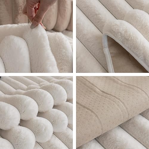 Miniatura 7 de Funda de sofá de piel sintética de conejo, lavable, funda para sofá seccional lanudo y mullido, a rayas, antideslizante, de felpa suave, protector
