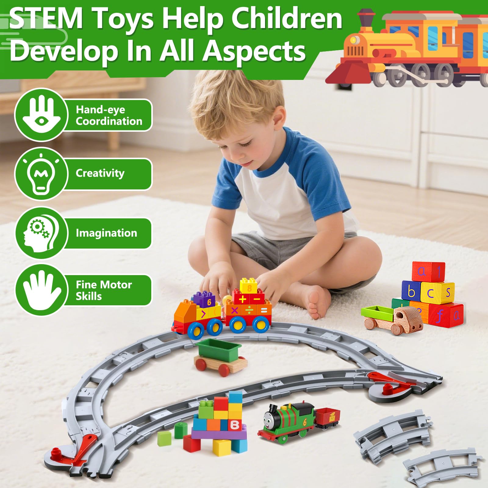 Building Blocks Train Track Set, 32 pièces, Accessoires de Chemin de Fer avec Sac de Rangement, Jouet Cadeau pour Enfants à partir de 3 Ans, Gris Clair