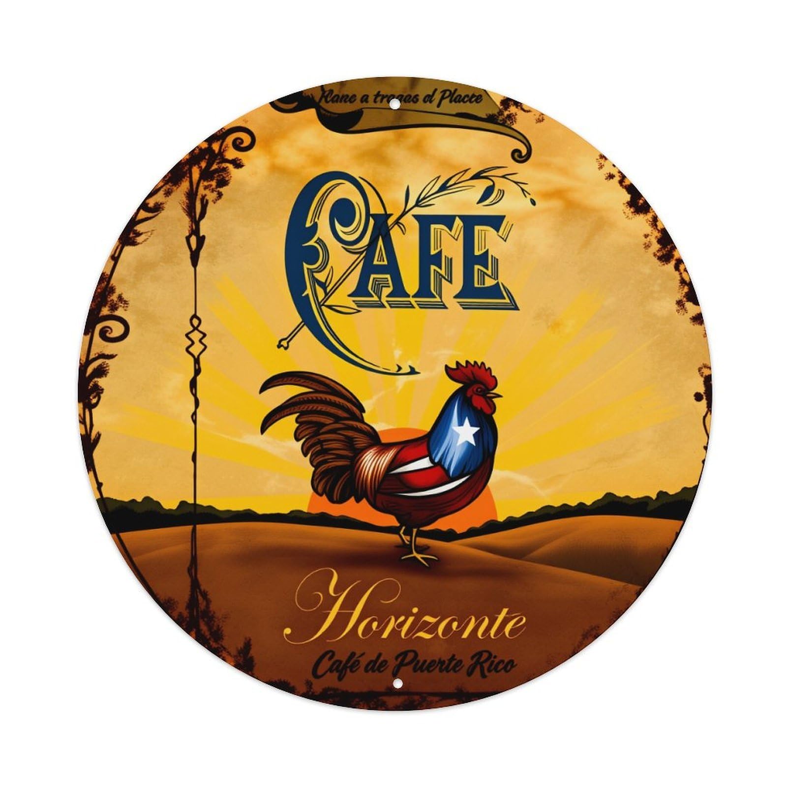 Lzwbntey Vintage Cafe Rooster Flag Sunset Landscape Metal Tin Sign Retro Wall Decor For Home Bar Garage Cafe, Indoor & Outdoor Decorative，Circle Metal Poster, 8X8 Inch