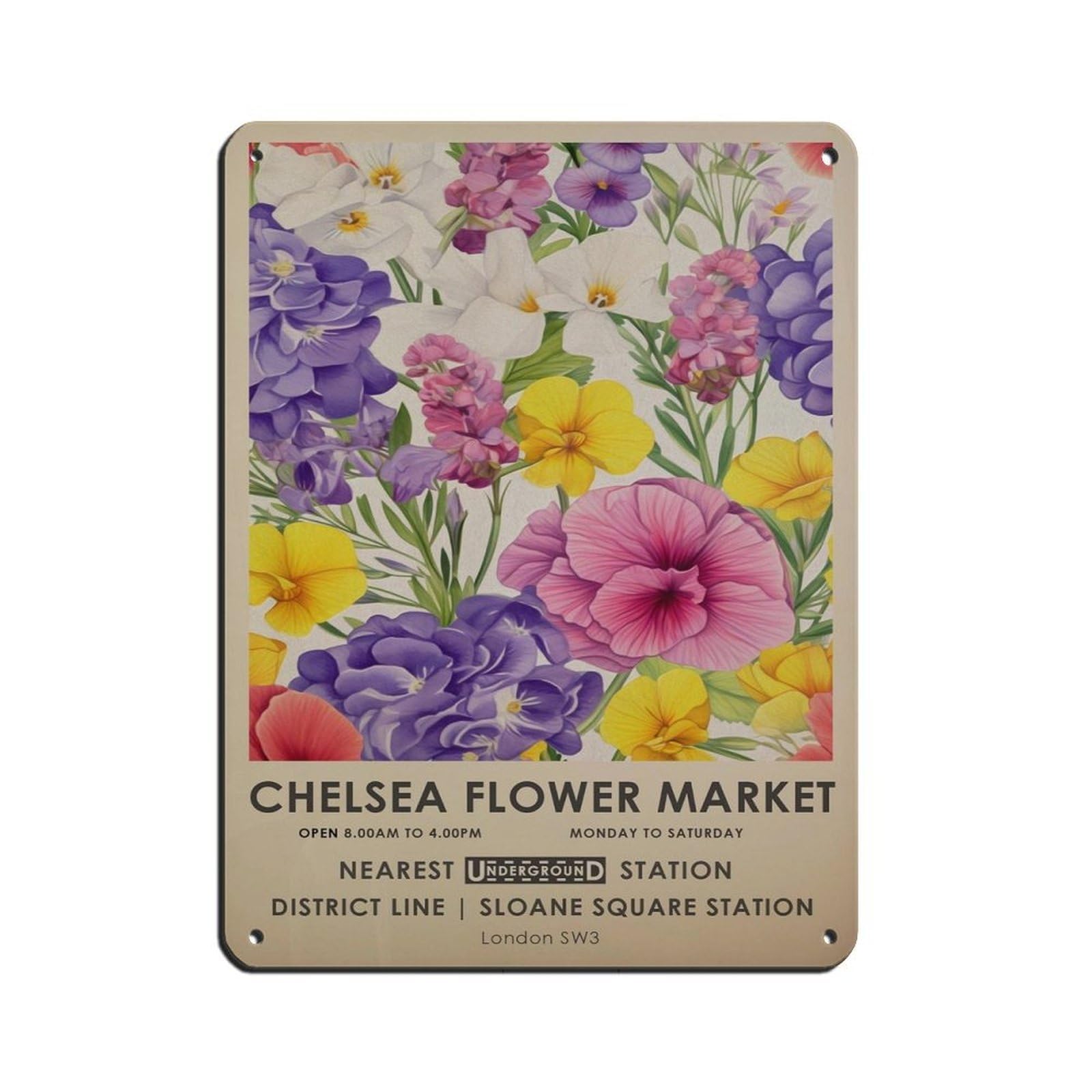 Chelsea Flower Market, Vibrant Botanical Art, Gift Tin Sign Vintage Metal Pub Club Cafe Bar Home Wall Art Decoration Poster Retro 12x16inch(30x40cm)