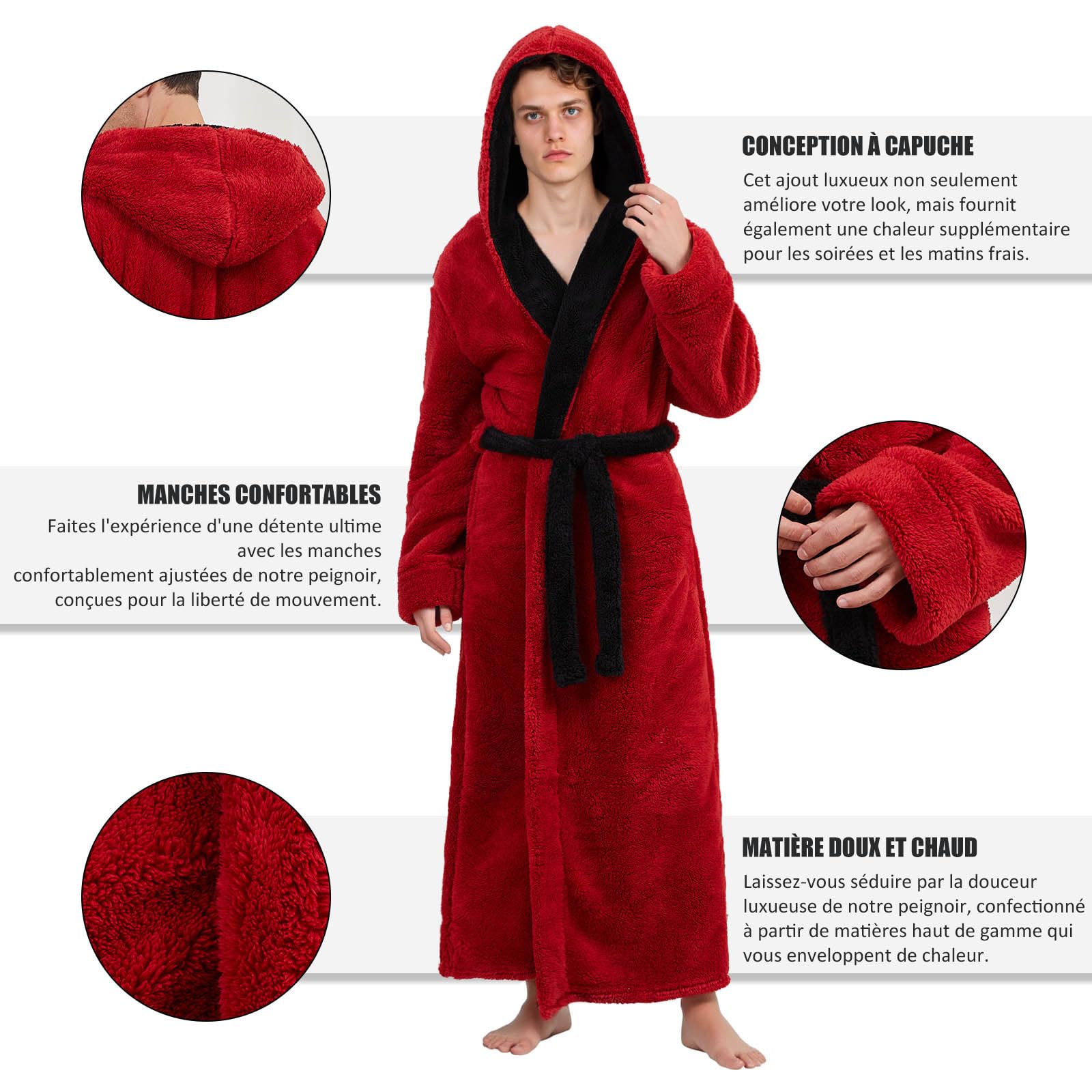 PUTUO Peignoir Robe de Chambre pour Homme: Longue Peignoir de Bain en Polaire avec Capuche en Hiver - Robe de Chambre Chaude en Pilou Pilou Doux pour Cadeau L-XXL 1 pièce