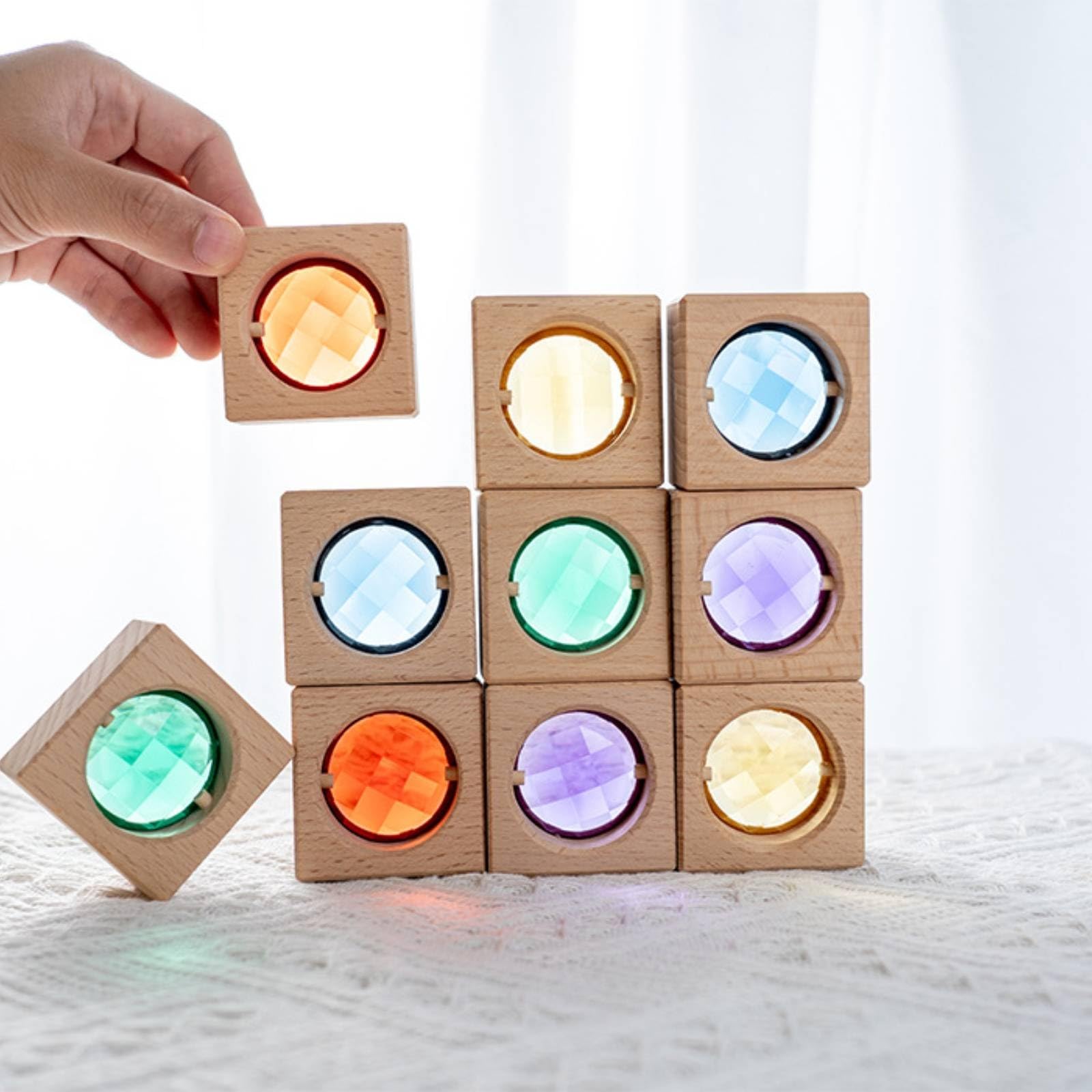 Set di Blocchi di Gemme in Legno Acrilico Colorati Vassoio con Blocchi Traslucidi Tattile Gioco Impilamento per Neonati, Asilo Nido, 15PCS Translucent