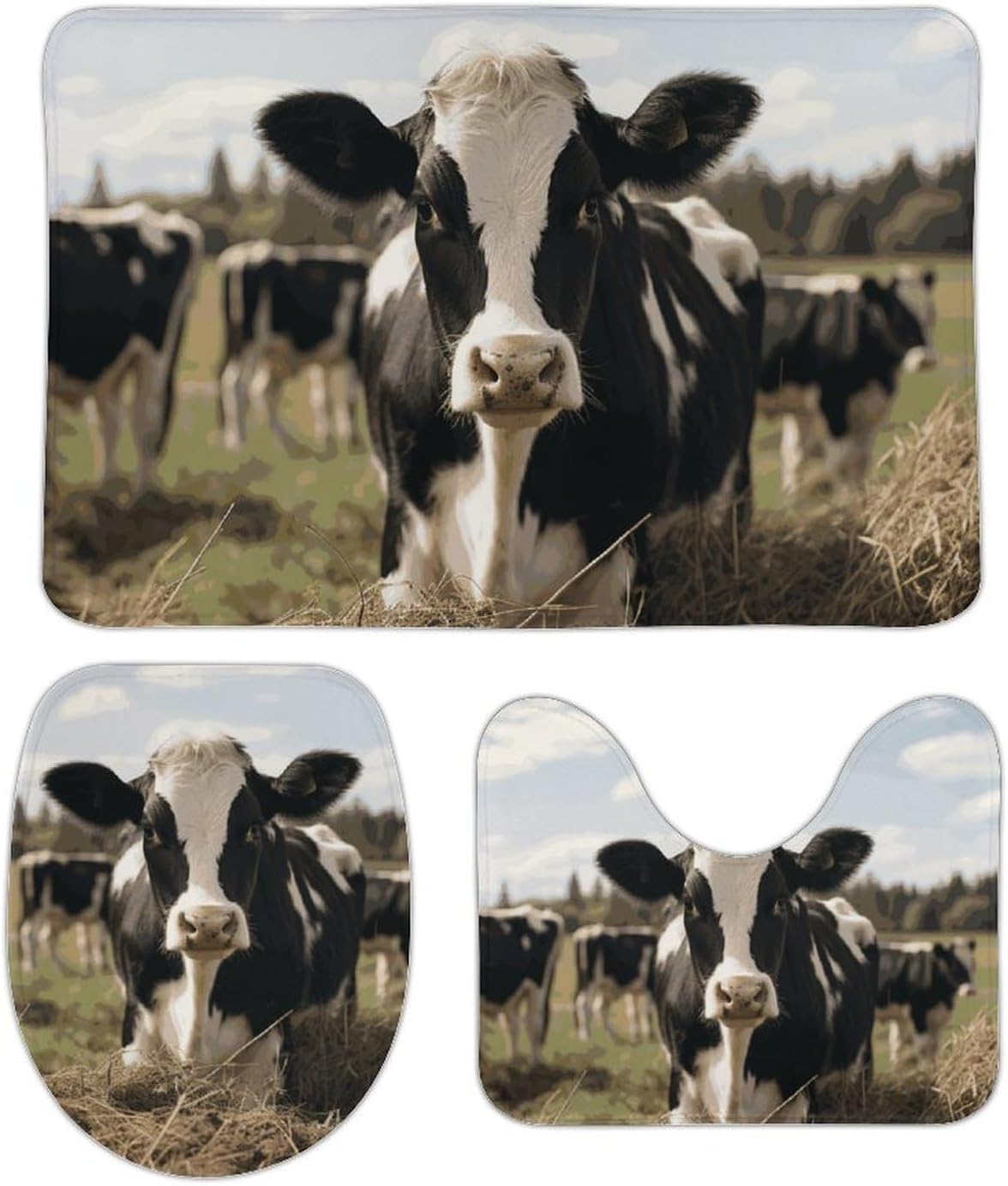 Anti-Skid Floor Mats 3 Piece Set,Cute Cows Printed Coral Fleece Bathroom Mats U-Shaped Contour Mat Toilet Seat Cover for Bathroom, Tub, Shower, Kitchen 19.7"x31.5"