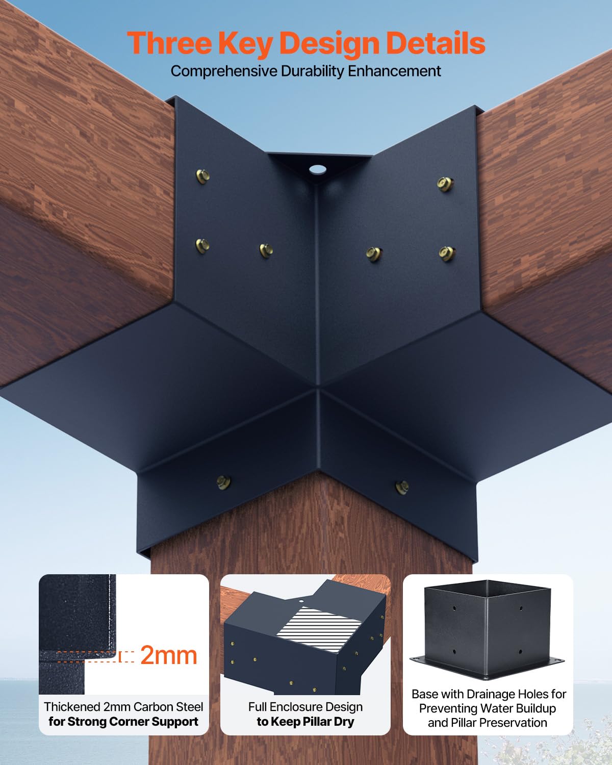 VEVOR Pfostenverbinder, Pfostennecke für 142 x 142 mm Pfosten, inkl. 4 Stk.3-Wege-Hochleistungs-Eckhalterung & 4 Stk. Pfostenträger, Pergola-Halterung-Set für Pavillons, Terrassenpergolen