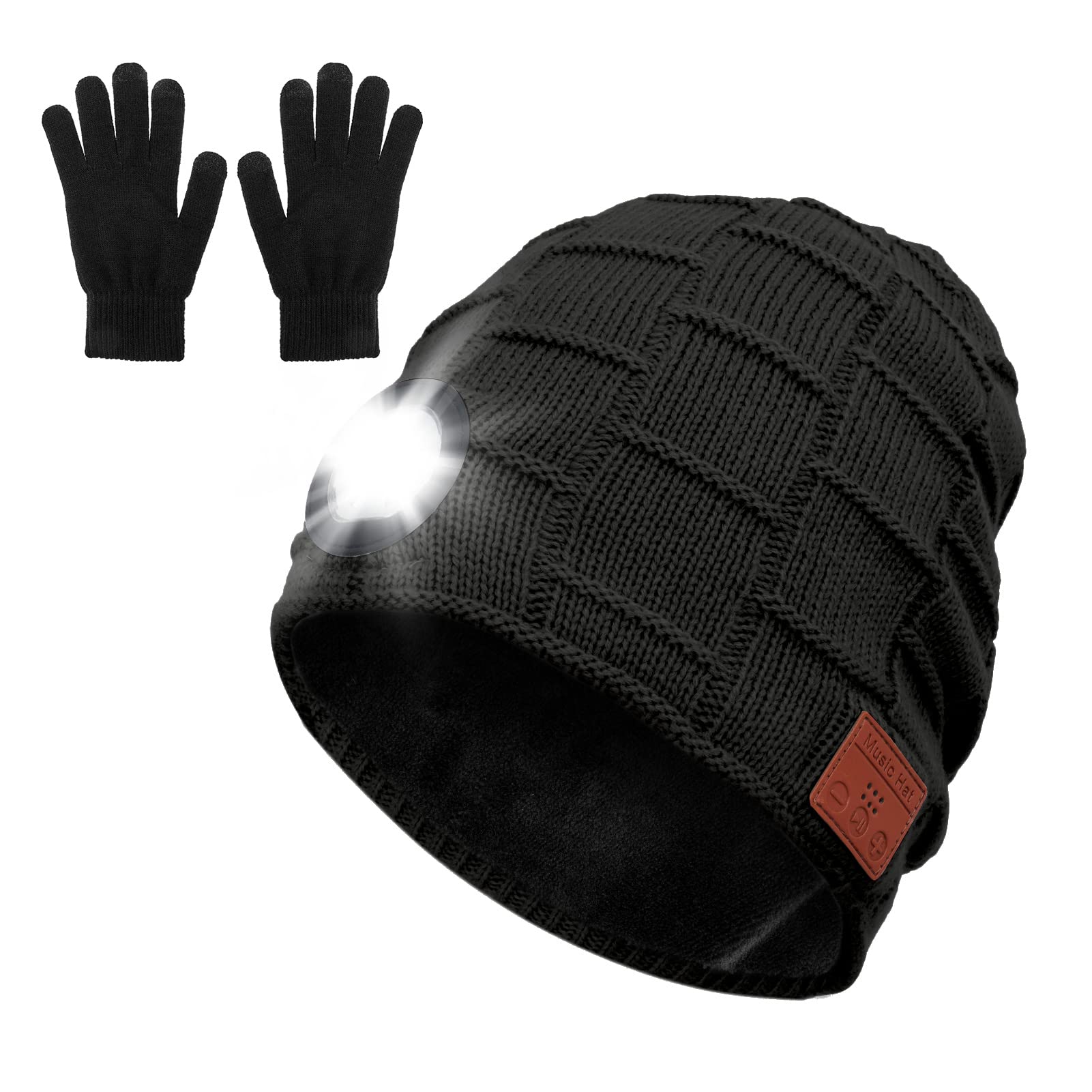 Bluetooth Beanie Hat with SOS LED Headlight and Gloves Number-one Bluetooth 5.0 Wireless Music Hat USB Rechargeable Unisex Knitted Cap Hands Free Christmas Winter Beanie for Men Women Running Skiing