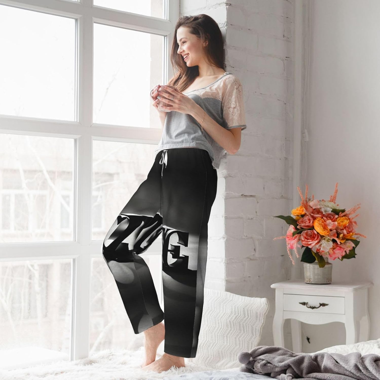 Love Font Print Cozy Christmas Pajama Pants,Flannel Pajama Bottoms,Cater To Various Body Types