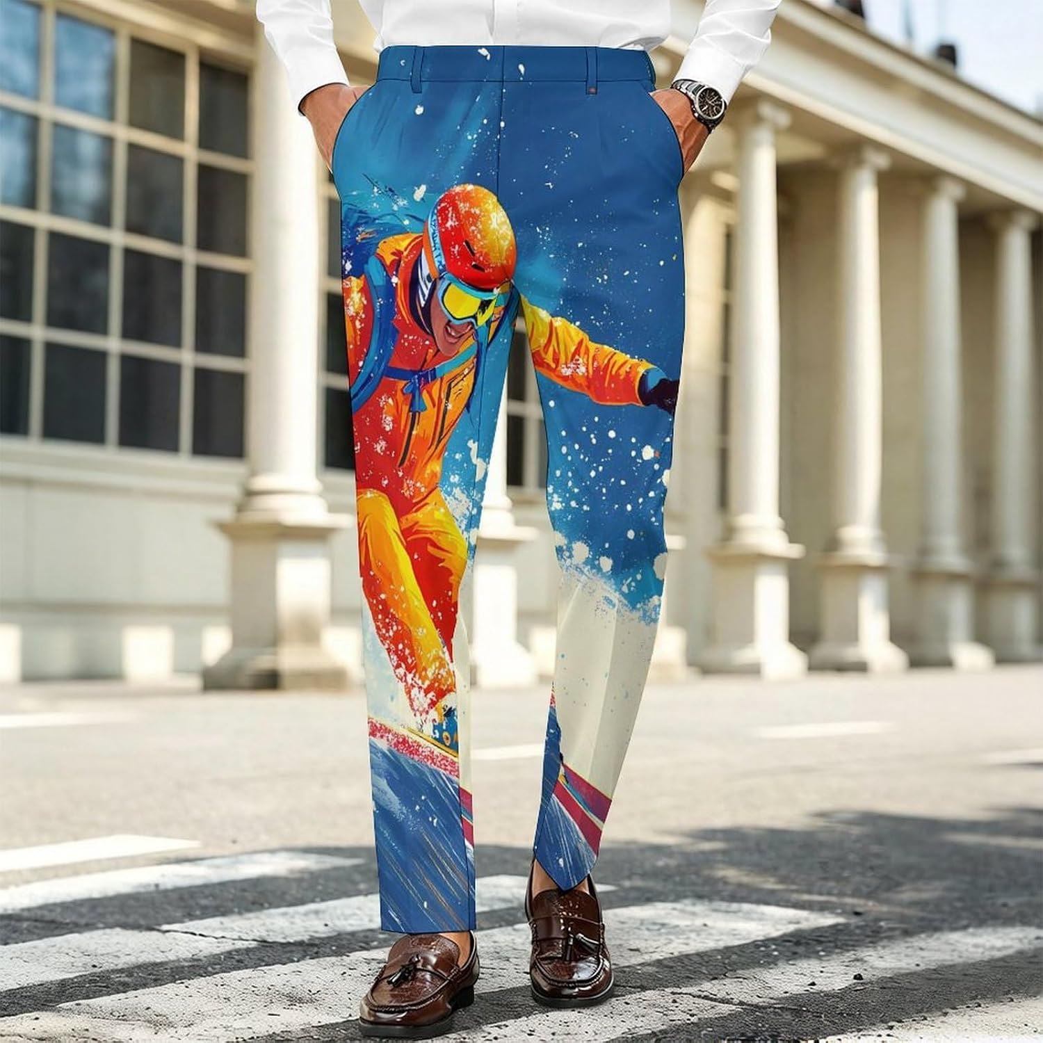 Skier Ski Skiing On Snowy Mountain Men's Classic Fit Suit Pants Straight Leg Design Printed Trousers
