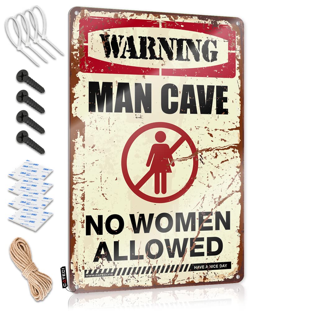 Tin Funny Vintage Sign Warning Man Cave No Women Allowed Sign Sports Bar Decor Funny Metal Signs For Outdoors(30X40CM)