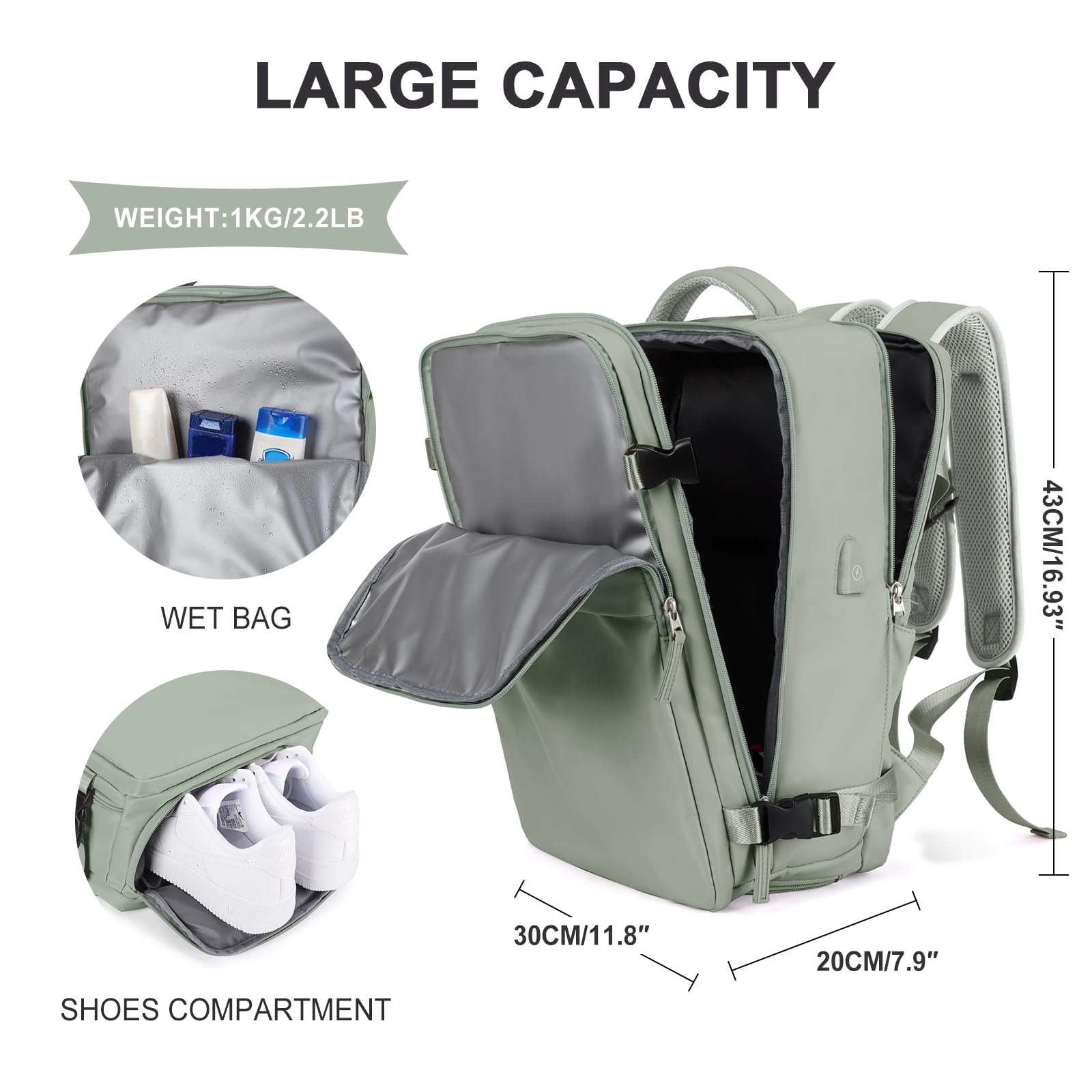 SZLX Zaino Ryanair 40x20x25 Bagaglio a Mano zaino Borse da Cabina per Easyjet 45x36x20 Zaino da Viaggio donna con porta ricarica USB, Borsa da Viaggio aereo Zaino Computer Impermeabile Casual Daypack