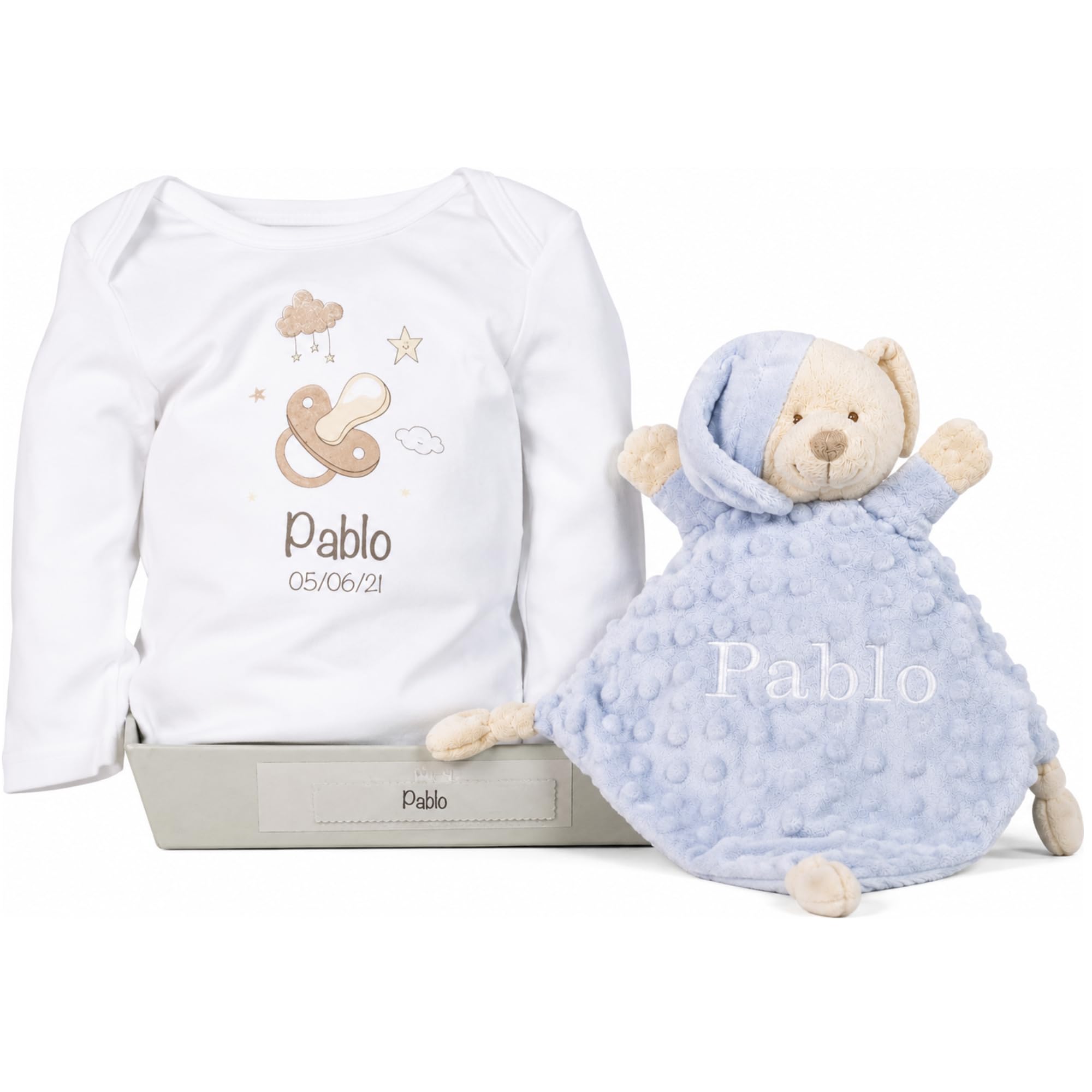 Delizioso set regalo per neonata femmina | Cesto completo | Regalo body e doudou personalizzato | Blu | 3/9 Mesi | BebeDeParis