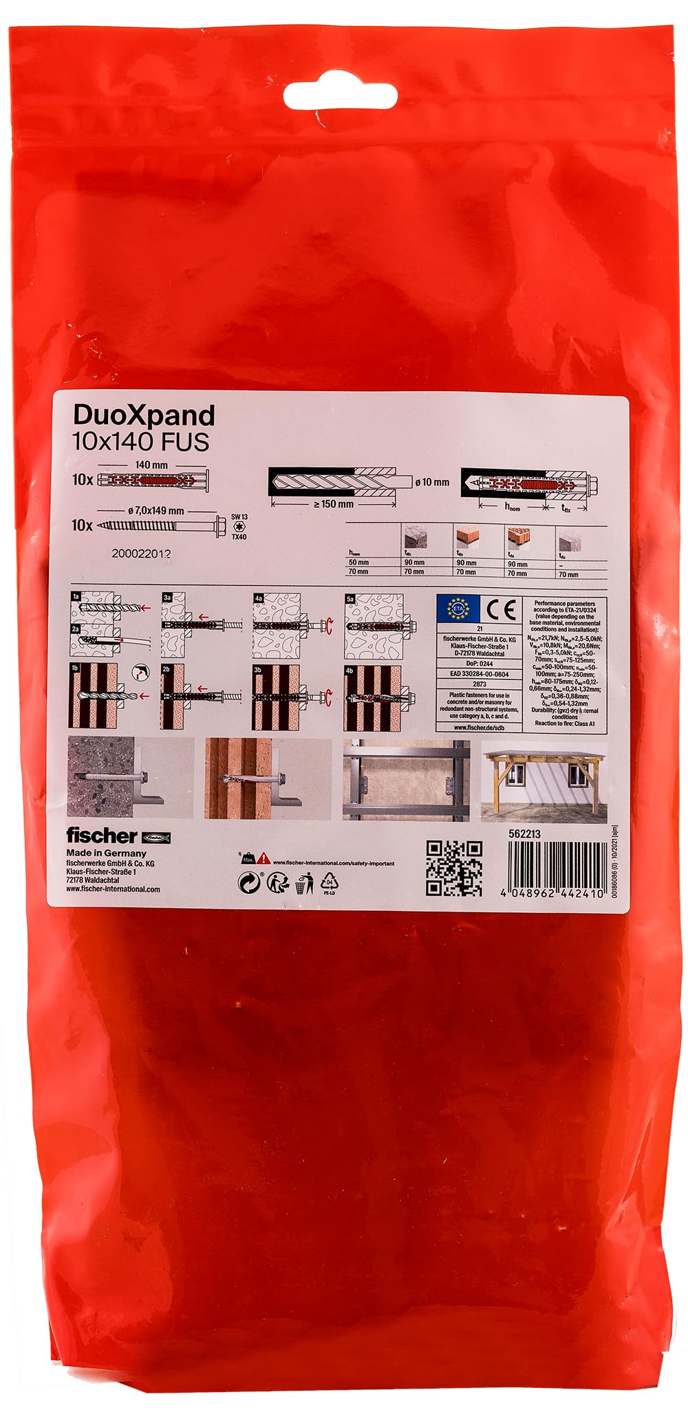 fischer DuoXpand 10 x 140 T, hoogwaardige universele pluggen met verzinkte verzonken schroef (10 stuks), pluggen voor sterke grip, ideaal voor poreuze bouwmaterialen en dicht bij de rand verankeringen