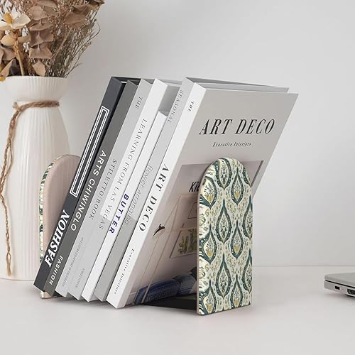 Miniatura 6 de Book Ends for Shelves 1 Pair - Green Retro Pattern Print Wood with Metal Base Bookends for Heavy Books, Book Stand Organizer Holder for Books Movies