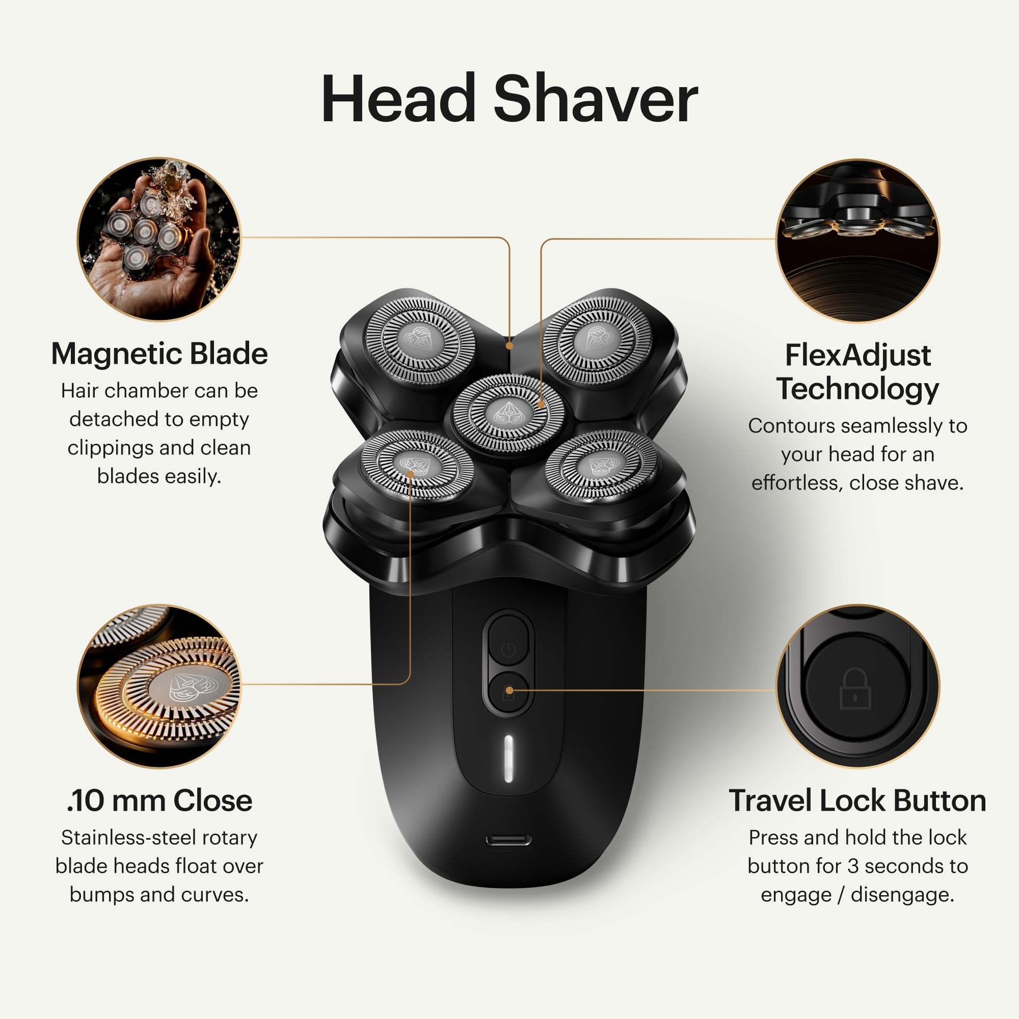 Afeitadora para la cabeza The Dome Shaver™ PRO de MANSCAPED® – Cinco cabezales giratorios con tecnología SkinSafe® y FlexAdjust, resistente al agua, carga inalámbrica y USB-C, bloqueo de seguridad.