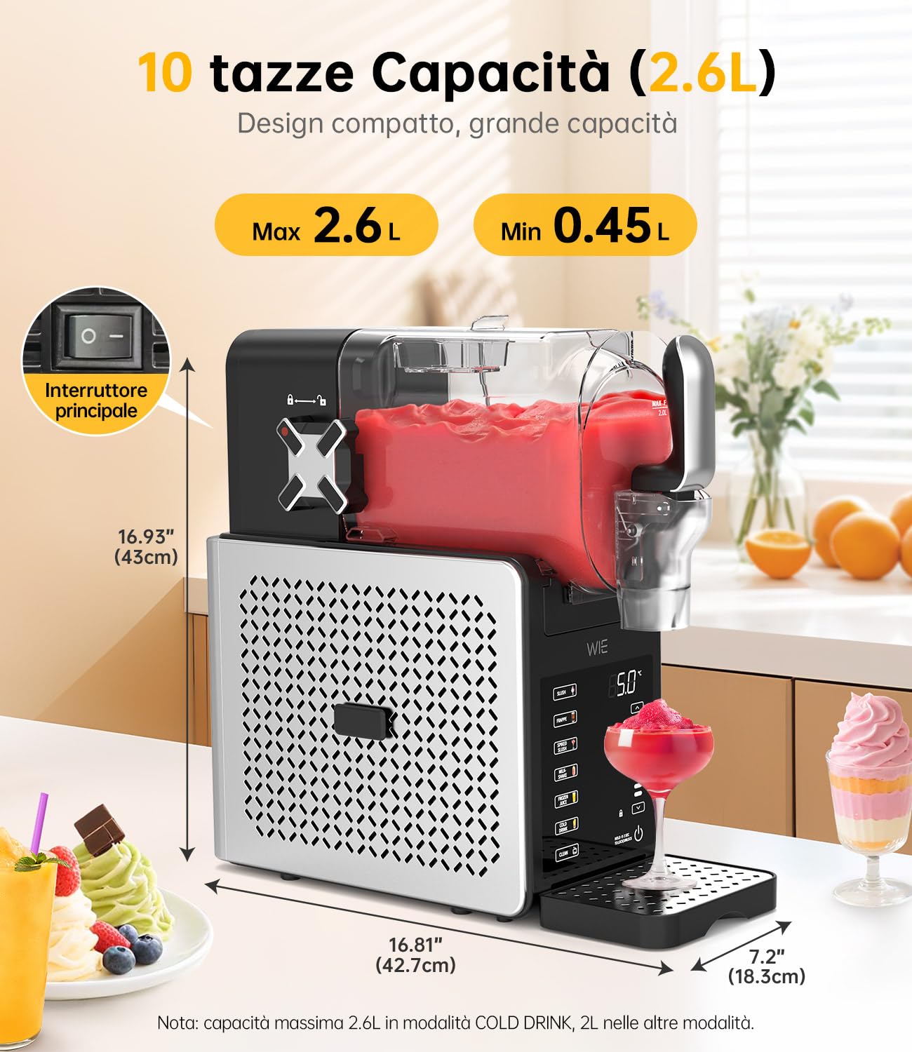 WIE Macchina per Granite, 2.6L Macchina Granita per Casa con Autopulizia, Non Serve Ghiaccio, 6 Modalità Preimpostate, Schermo Touch LED, Macchina Granita per Margarita/Cocktail/Milkshake/Frappé