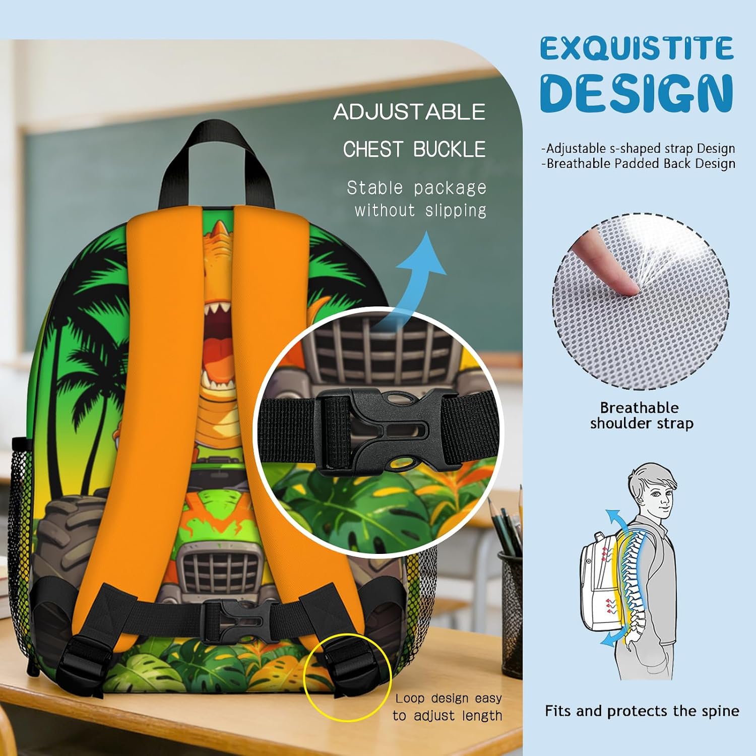 Dinosaur Truck Toddler Backpack, Preschool Kindergarten Bookbag for Boys, Small School Bag for Kids Ages 3-5 4-6 5-7