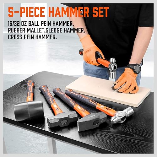 Miniatura 3 de HORUSDY Juego de martillos de 5 piezas, martillos de bola de 16 y 32 onzas, mazo de goma de 32 onzas, trineo de 3 libras, martillo cruzado de 3