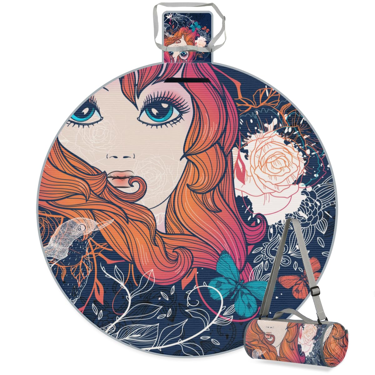 Shimoshe Flower Bird Girl Picnic Outdoor Blanket Foldable Waterproof Sandproof Beach Blanket Portable Water-Resistant Round Picnic Mat for Travel Camping Park Lawn