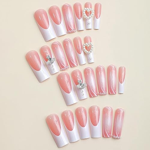 Miniatura 4 de Uñas postizas a presión de punta francesa, uñas postizas largas y cuadradas, color rosa, con pegamento, diseños de perlas de amor, uñas acrílicas