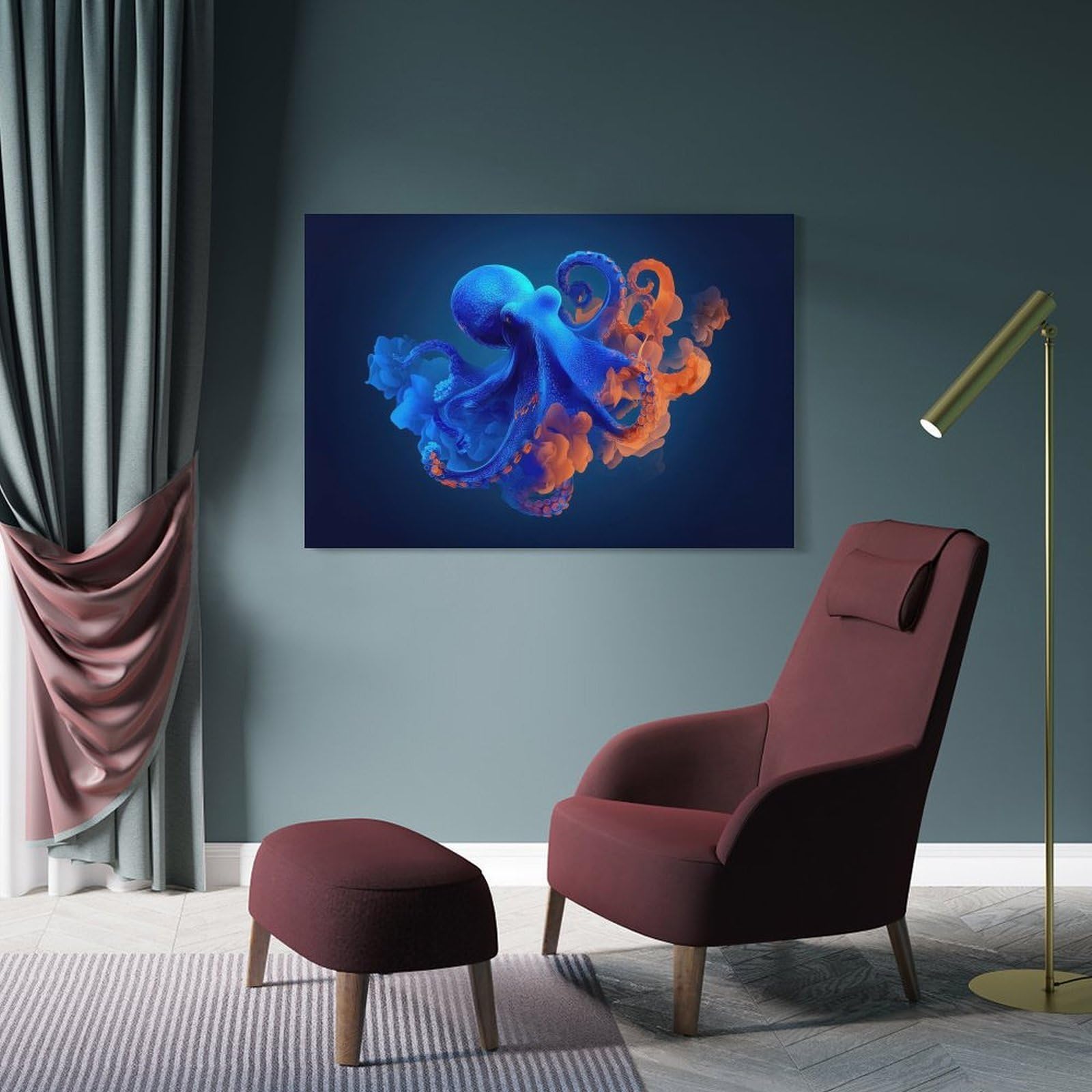 Junmoney Blue And Orange Octopus Home Decor Wall Art, 20x30inch(50x75cm), for Bedroom, Lounge Or Dressing Area, Canvas Wall Decor for Personal Spaces