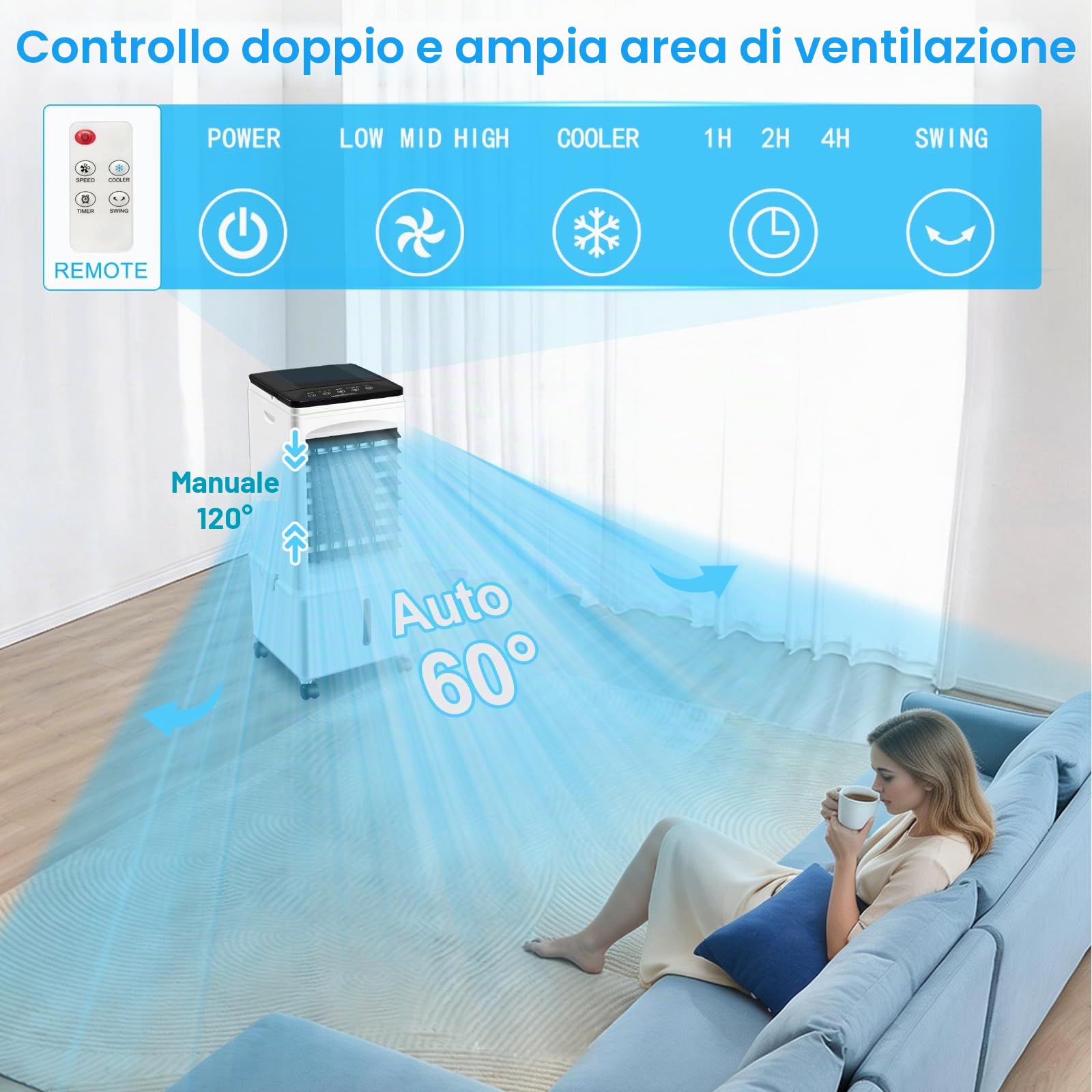 Climatizzatore senza tubo di scarico, 10 L, 60 W, condizionatore d'aria mobile con timer da 12 ore, 40 dB, oscillazione a 120°, serbatoio dell'acqua rimovibile, telecomando, silenzioso, portatile, per