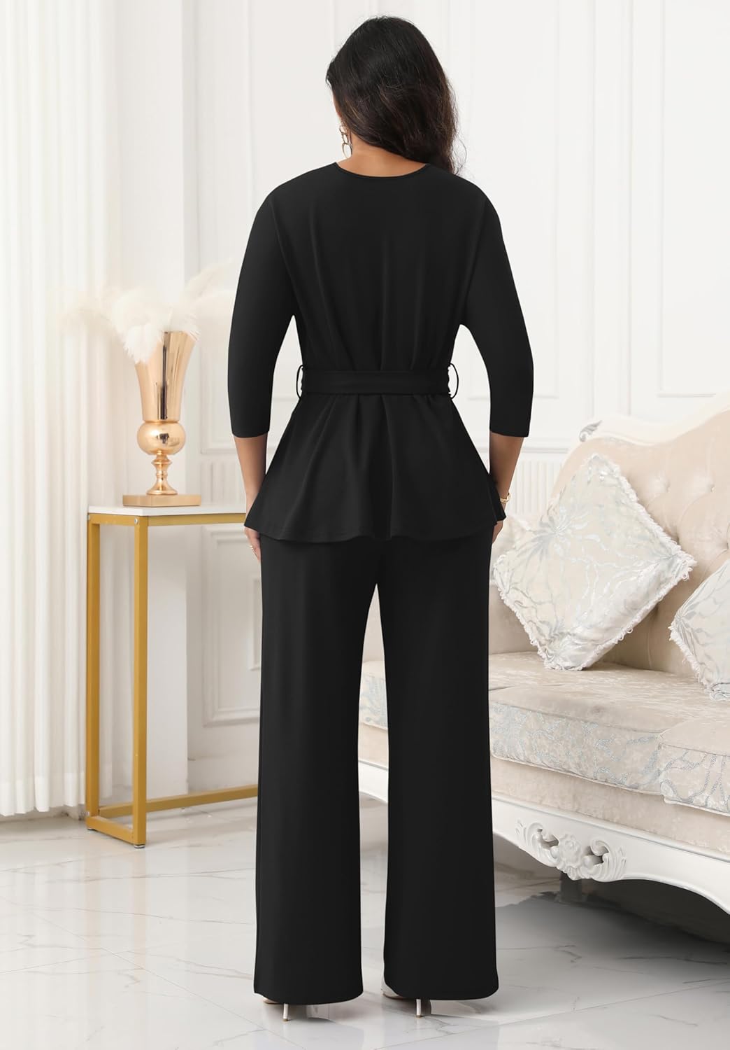 CLOCOR Women's 2 Piece Outfits Suit Set 3/4 Sleeve Peplum Top Flared Pants Sets Business Pantsuits - Image 5