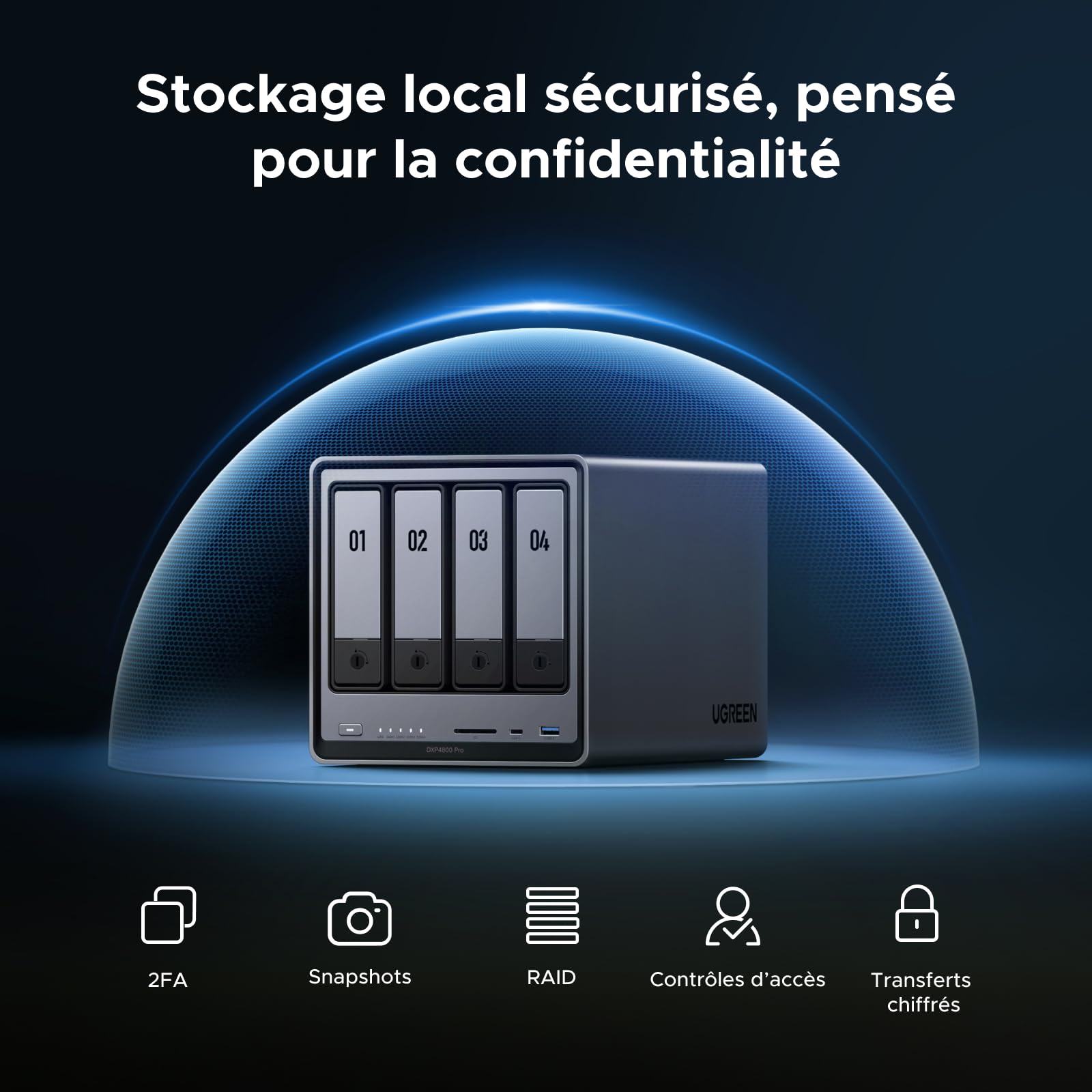 UGREEN NASync DXP4800 Pro NAS de Bureau 4 Baies, Processeur Intel i3-1315U, 8 Go RAM DDR5, SSD 128 Go, 10 GbE