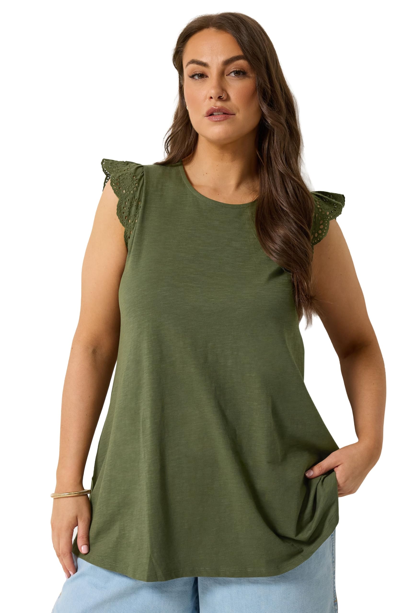 Yours Women's Broderie Frill Vest Top in Olive | Size: 20