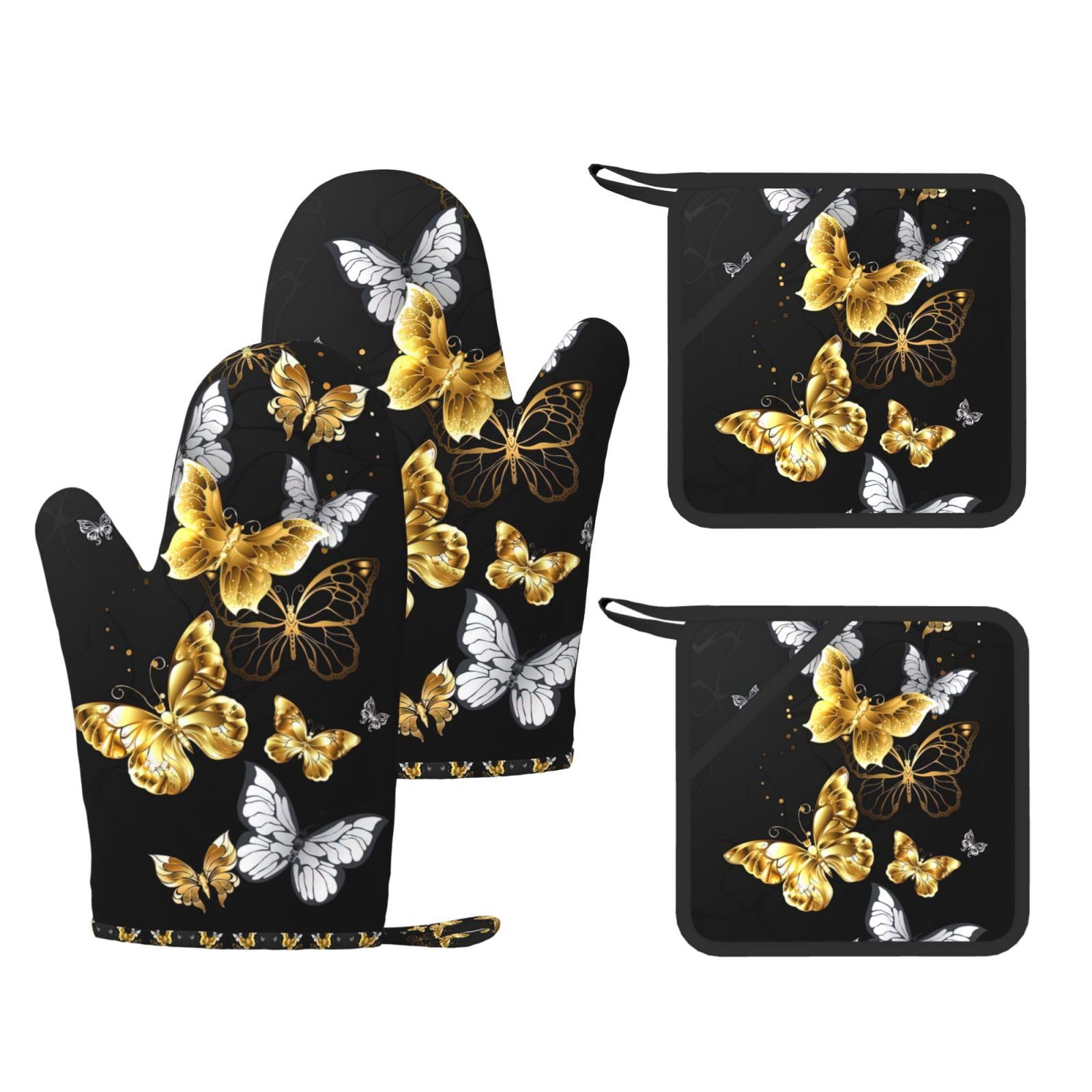 Gold White Butterflies Black Trendy Printed Kitchen Set with Heat Resistant Gloves & Non-Slip Hot Pads for Baking & Grilling