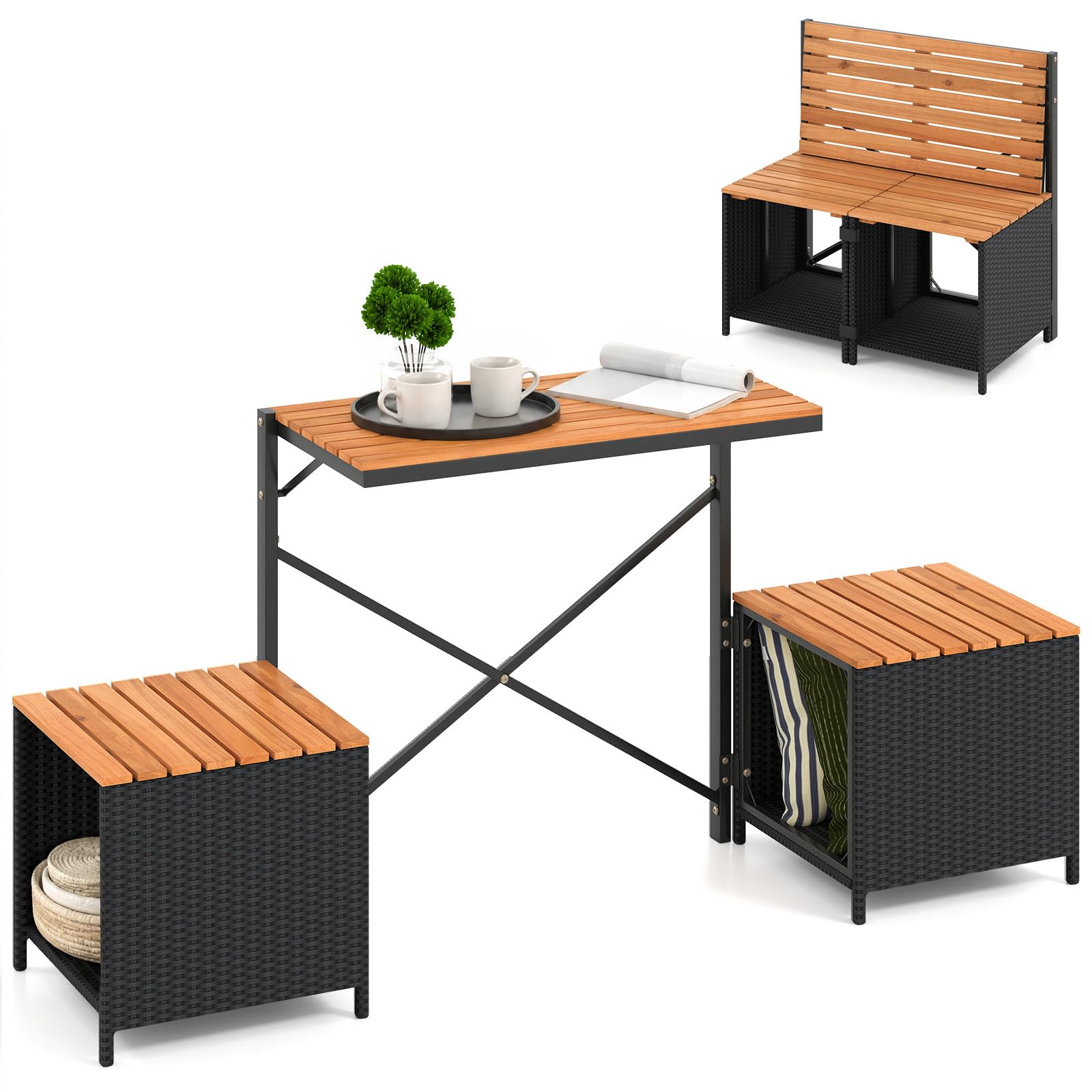 GIANTEX 2-in-1 Gartenbank als wandelbarer Picknicktisch (Schwarz)