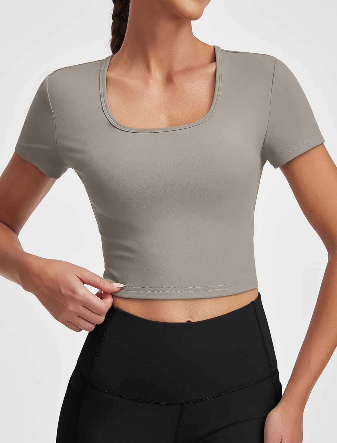 Womens Workout Crop Tops Short Sleeve Athletic Cropped T Shirt Scoop Neck Gym Yoga Fitted Basic Tee - Image 2