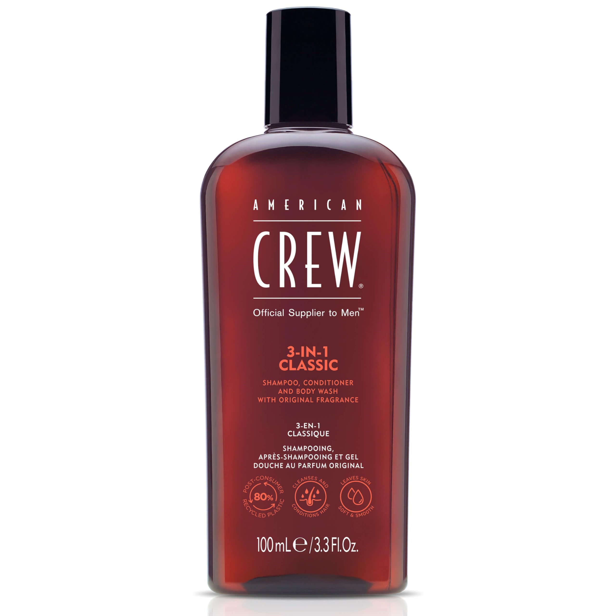 American Crew - Shampoing 3 En 1 - Shampooing, Après Shampoing & Gel Douche pour Cheveux et Corps - Soin Cheveux Revitalisant, Hydratant et Apaisant - Parfum Original - 100ml