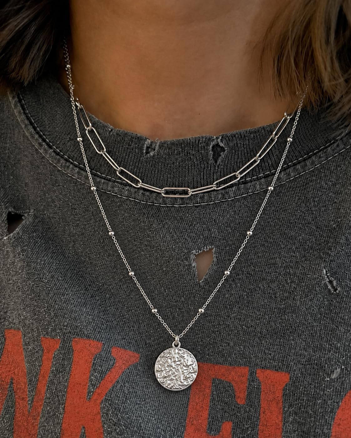 Necklace 2 Pieces Set Stainless Steel Paperclip Necklace in Gold or Silver SPUNKYsoul Gold or Silver Layered Necklace Set for Women, 18K Gold Plated Waterproof Stainless Steel 2 Piece Paperclip Chain and Cross or Disc Pendant Necklace, 14” + 16”